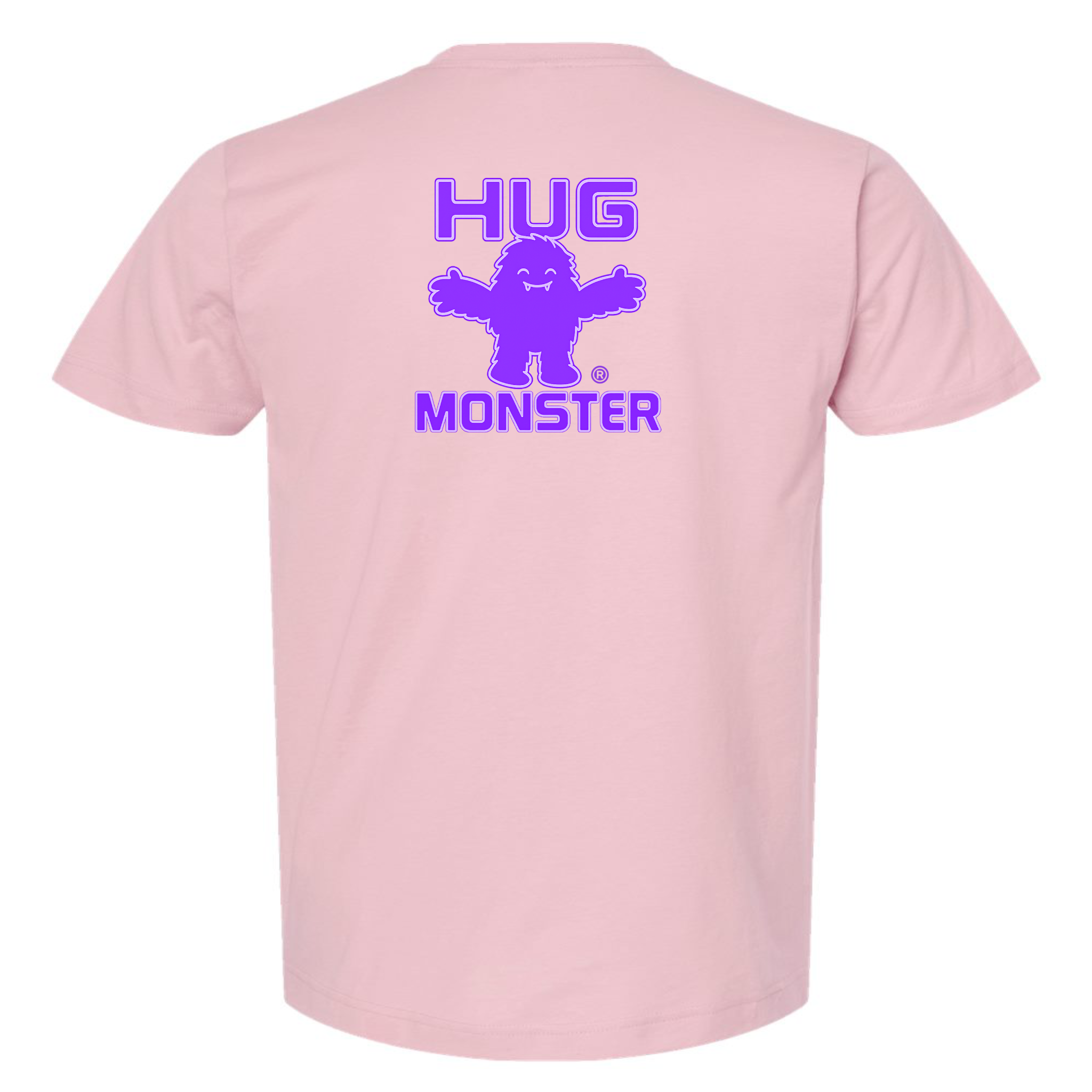 Hug Monster Giant Retro Monster Hugs (Purple Logo) T-Shirt - Positive Message Graphic Tee in Soft Pink – Back View