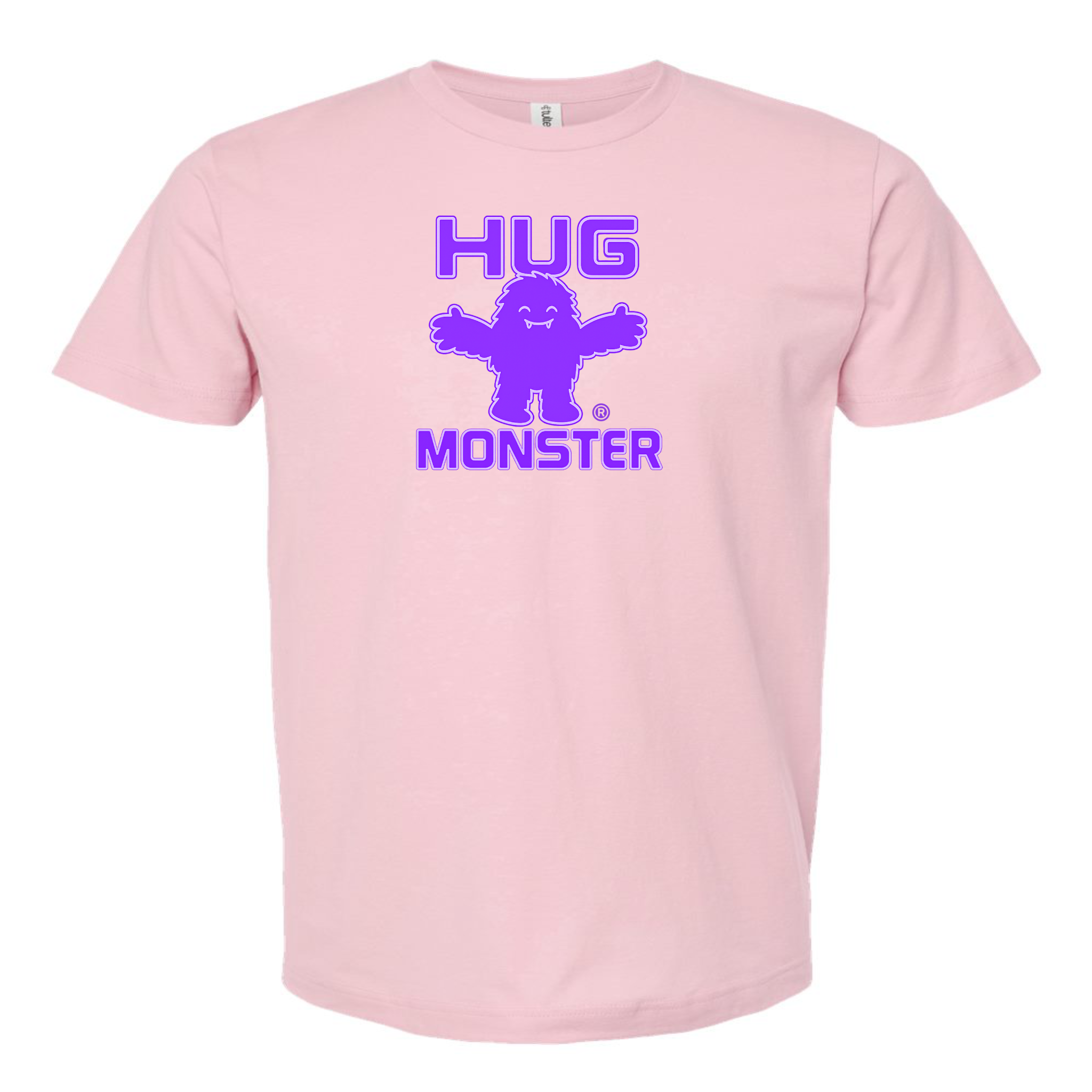 Hug Monster Giant Retro Monster Hugs (Purple Logo) T-Shirt - Positive Message Graphic Tee in Soft Pink – Front View