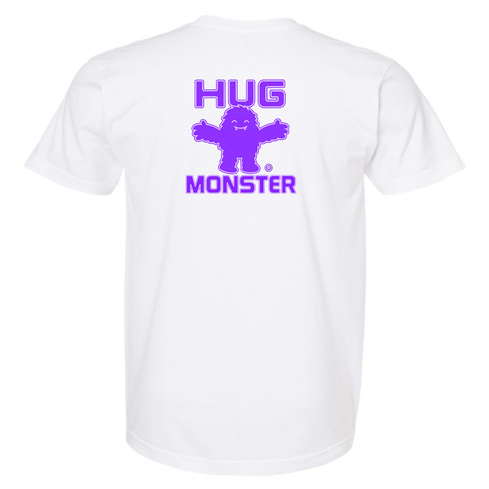 Hug Monster Giant Retro Monster Hugs (Purple Logo) T-Shirt - Positive Message Graphic Tee in White – Back View
