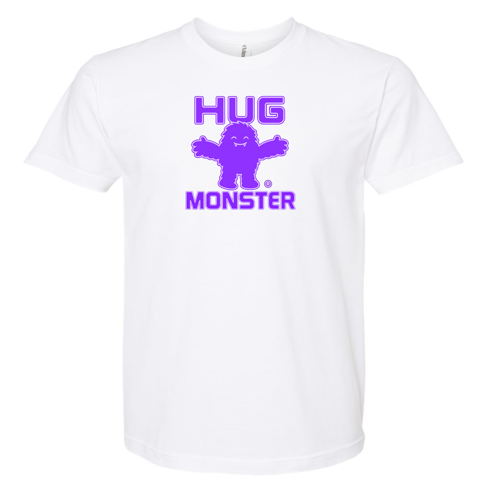 Hug Monster Giant Retro Monster Hugs (Purple Logo) T-Shirt - Positive Message Graphic Tee in White – Front View