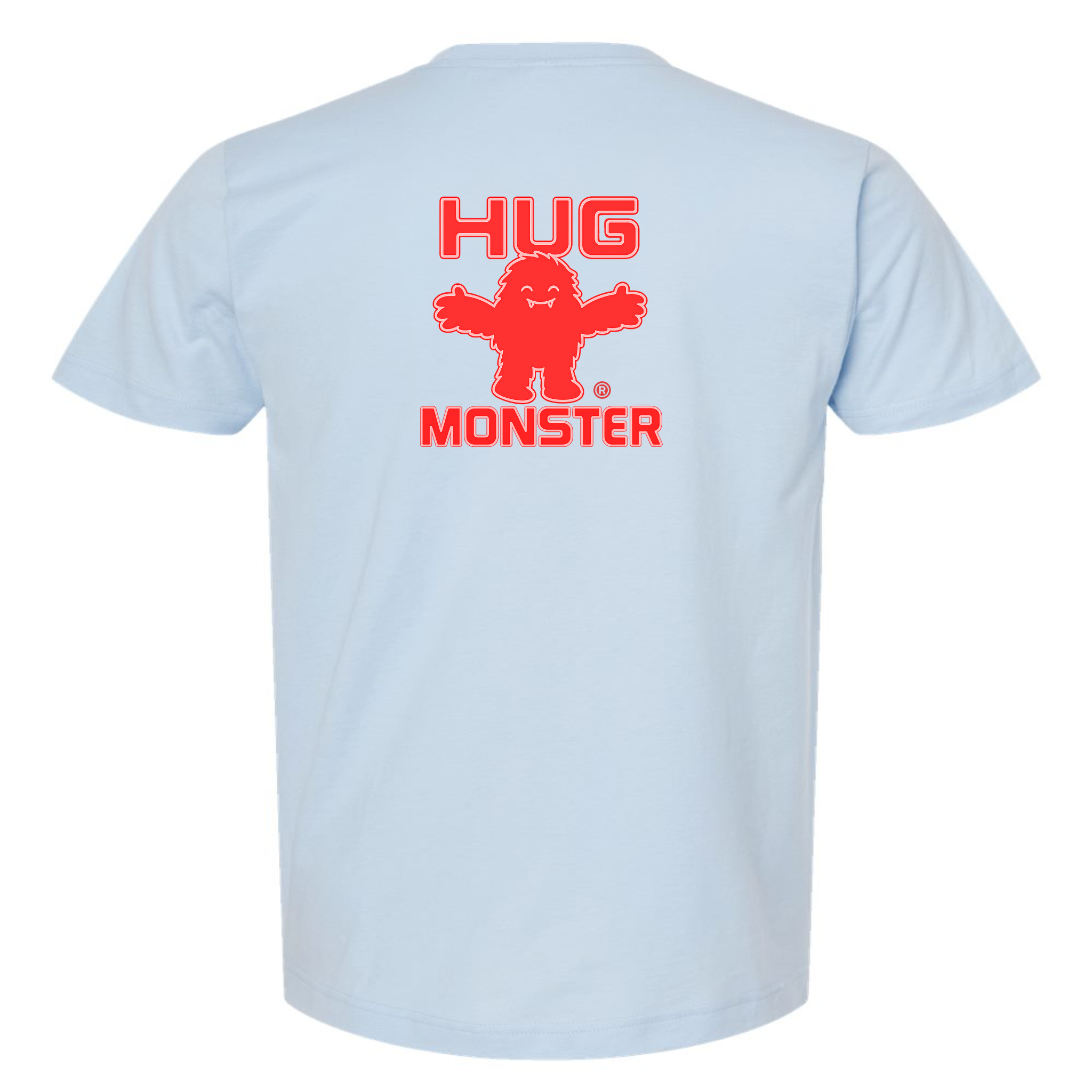 Hug Monster Giant Retro Monster Hugs (Red Logo) T-Shirt - Positive Message Graphic Tee in Baby Blue – Back View