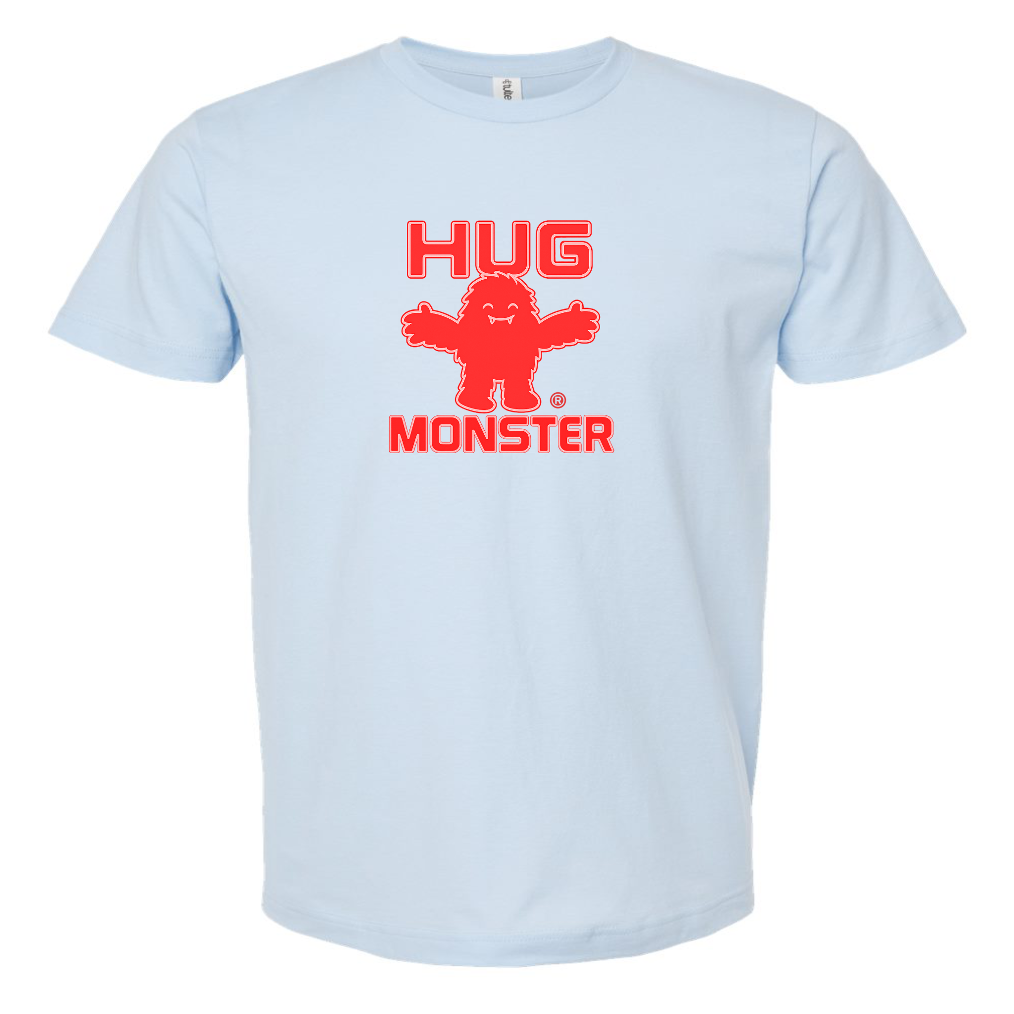 Hug Monster Giant Retro Monster Hugs (Red Logo) T-Shirt - Positive Message Graphic Tee in Baby Blue – Front View
