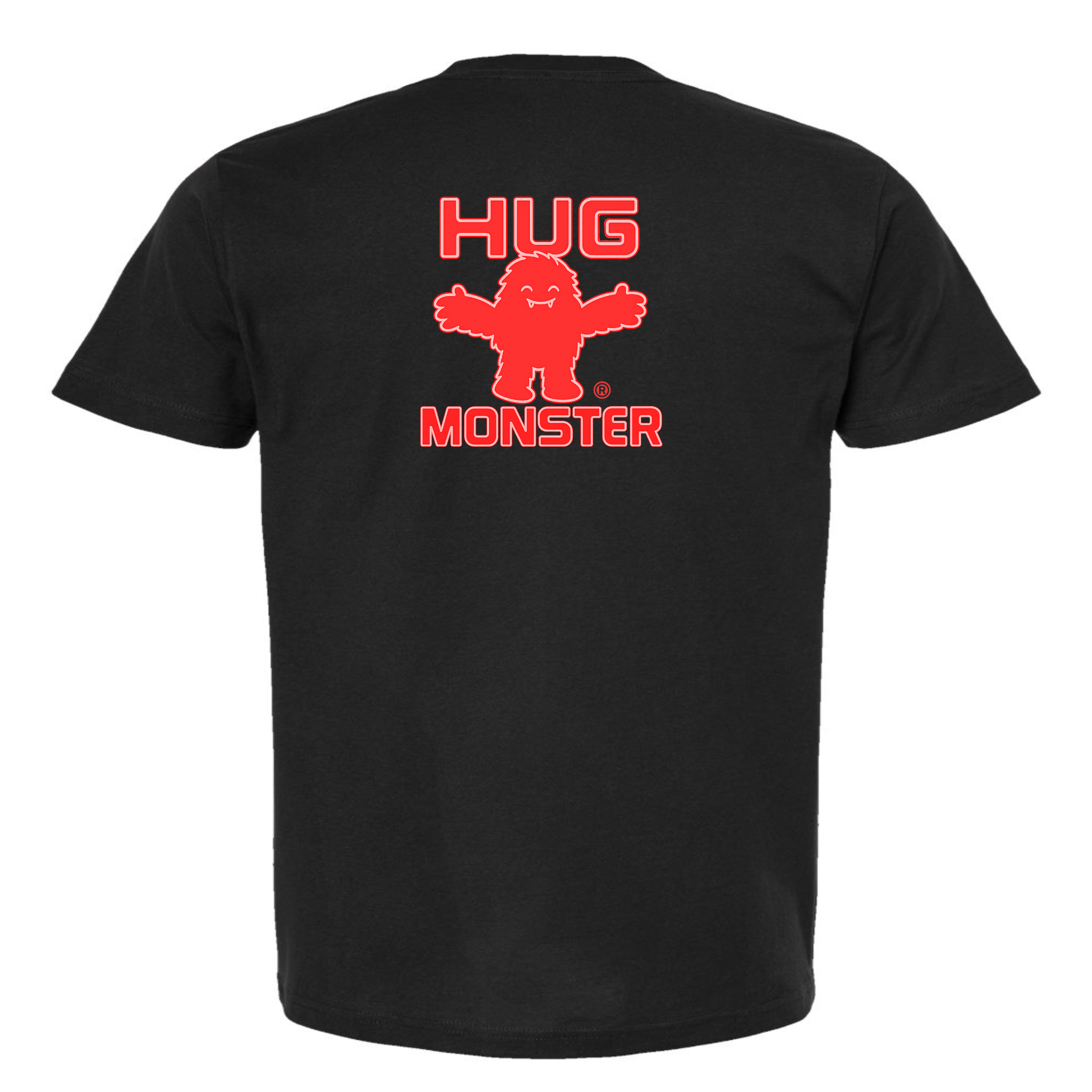 Hug Monster Giant Retro Monster Hugs (Red Logo) T-Shirt - Positive Message Graphic Tee in Black – Back View