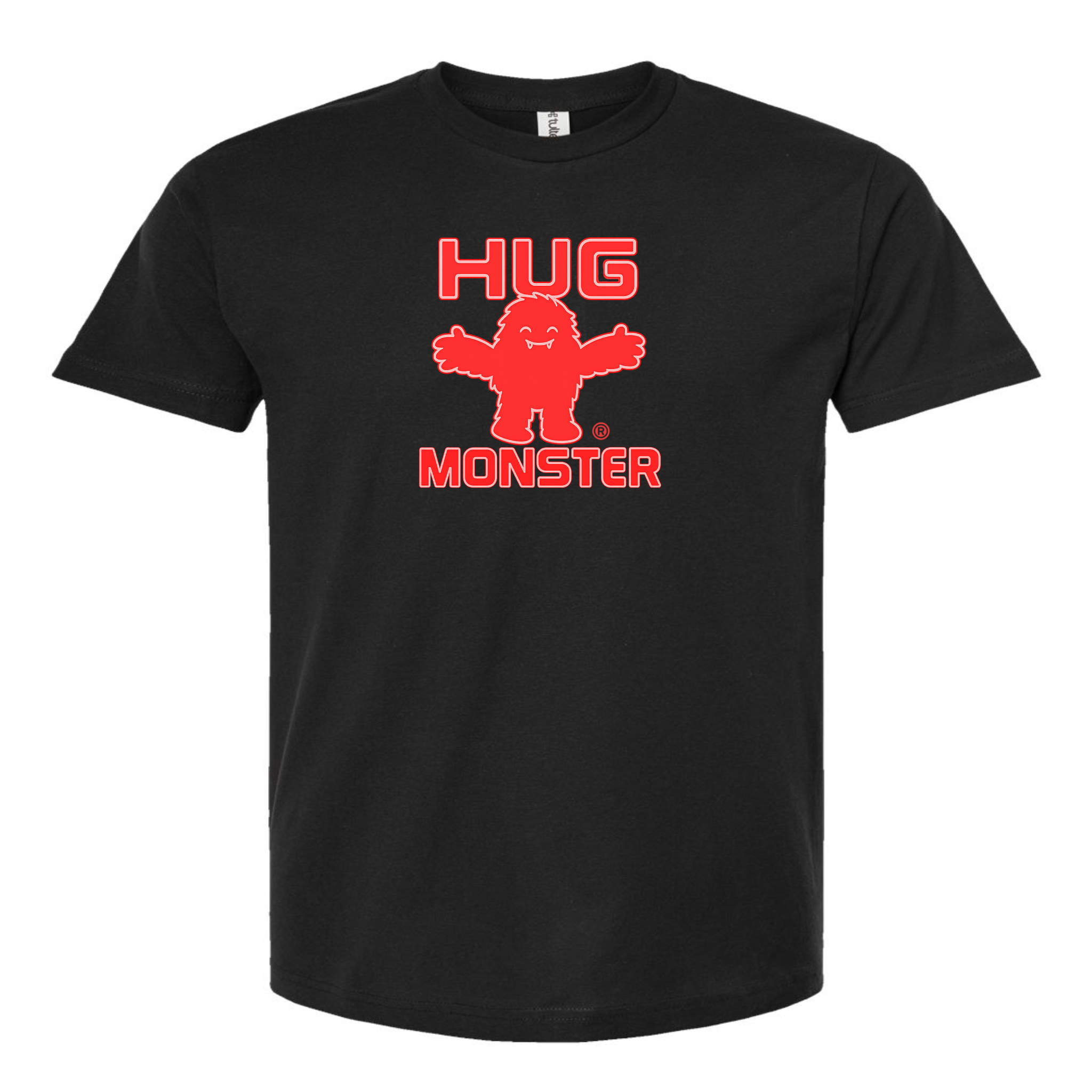 Hug Monster Giant Retro Monster Hugs (Red Logo) T-Shirt - Positive Message Graphic Tee in Black – Front View