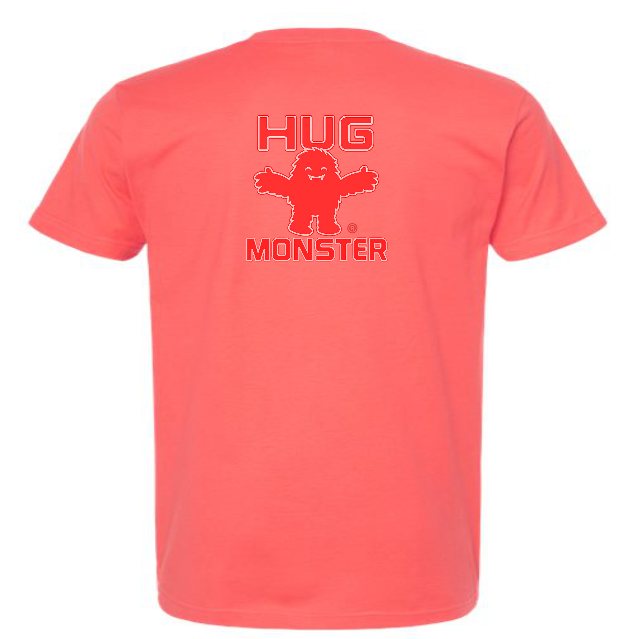 Hug Monster Giant Retro Monster Hugs (Red Logo) T-Shirt - Positive Message Graphic Tee in Bright Coral – Back View