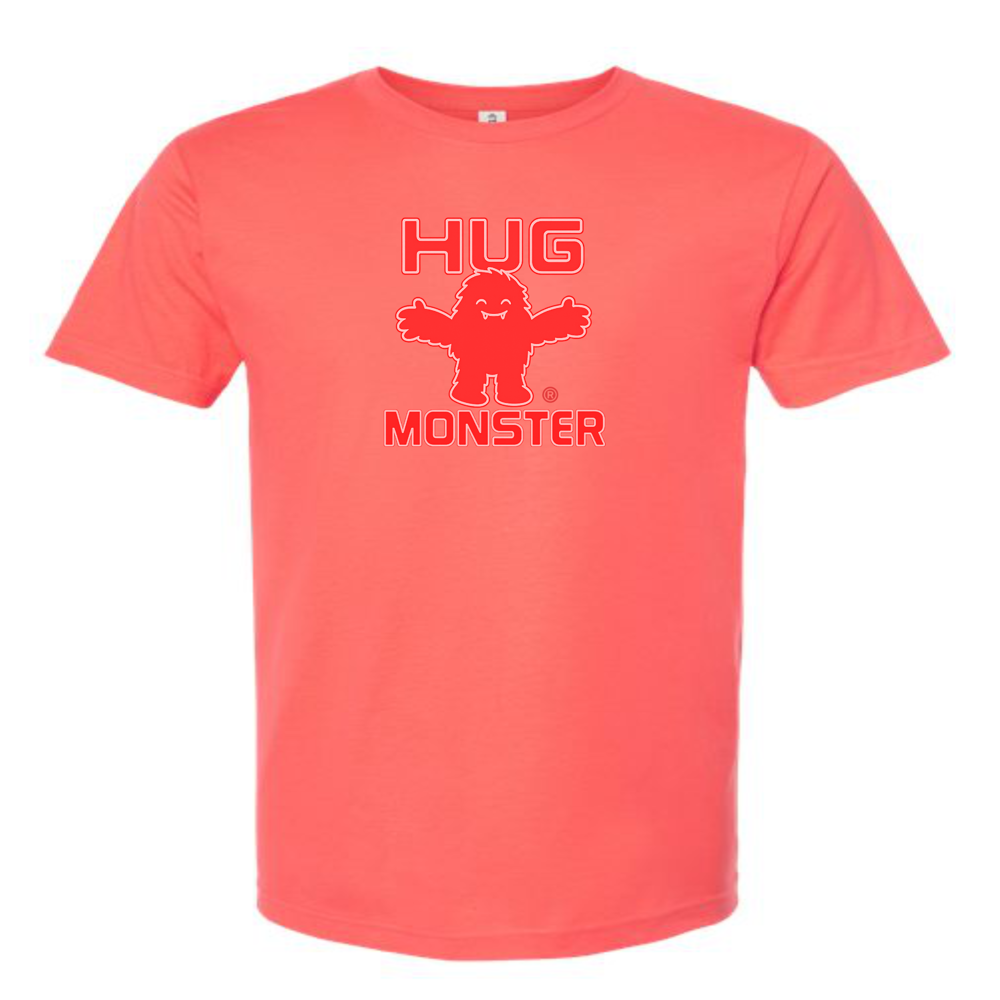 Hug Monster Giant Retro Monster Hugs (Red Logo) T-Shirt - Positive Message Graphic Tee in Bright Coral – Front View