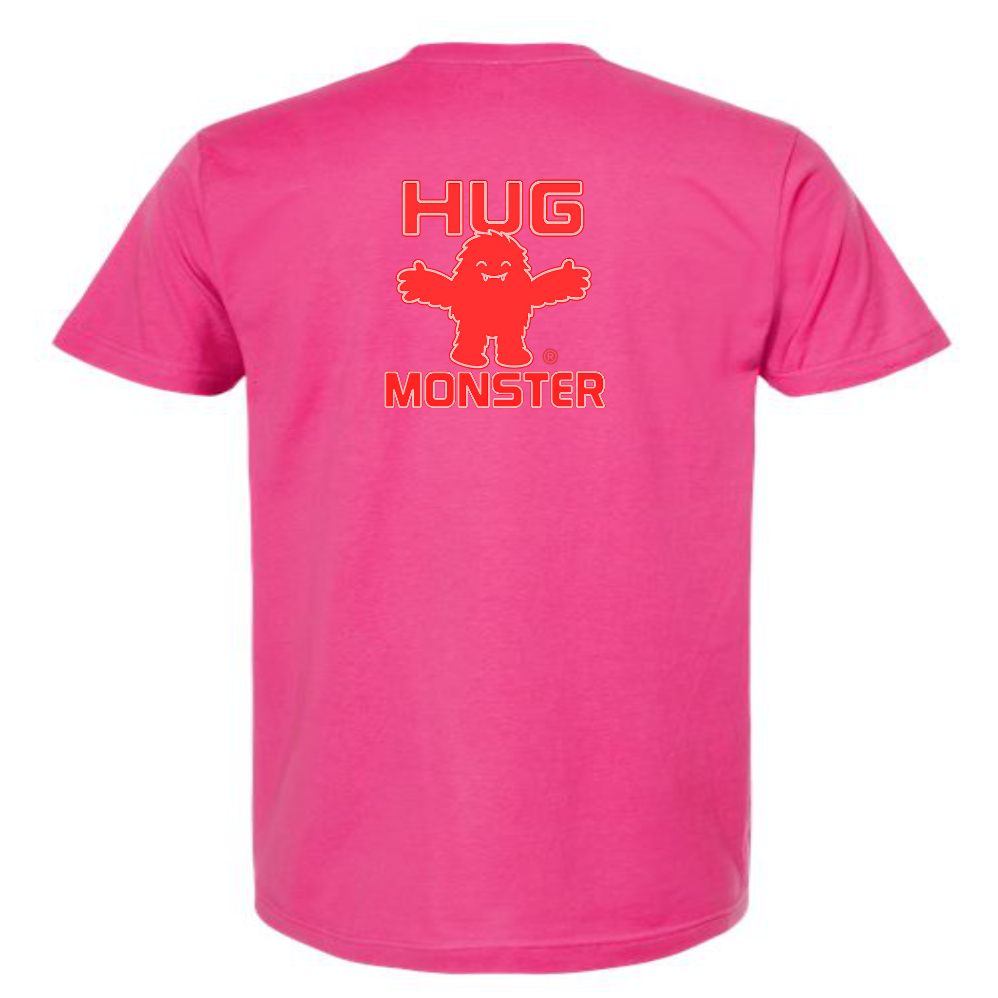 Hug Monster Giant Retro Monster Hugs (Red Logo) T-Shirt - Positive Message Graphic Tee in Bright Fuscia – Back View