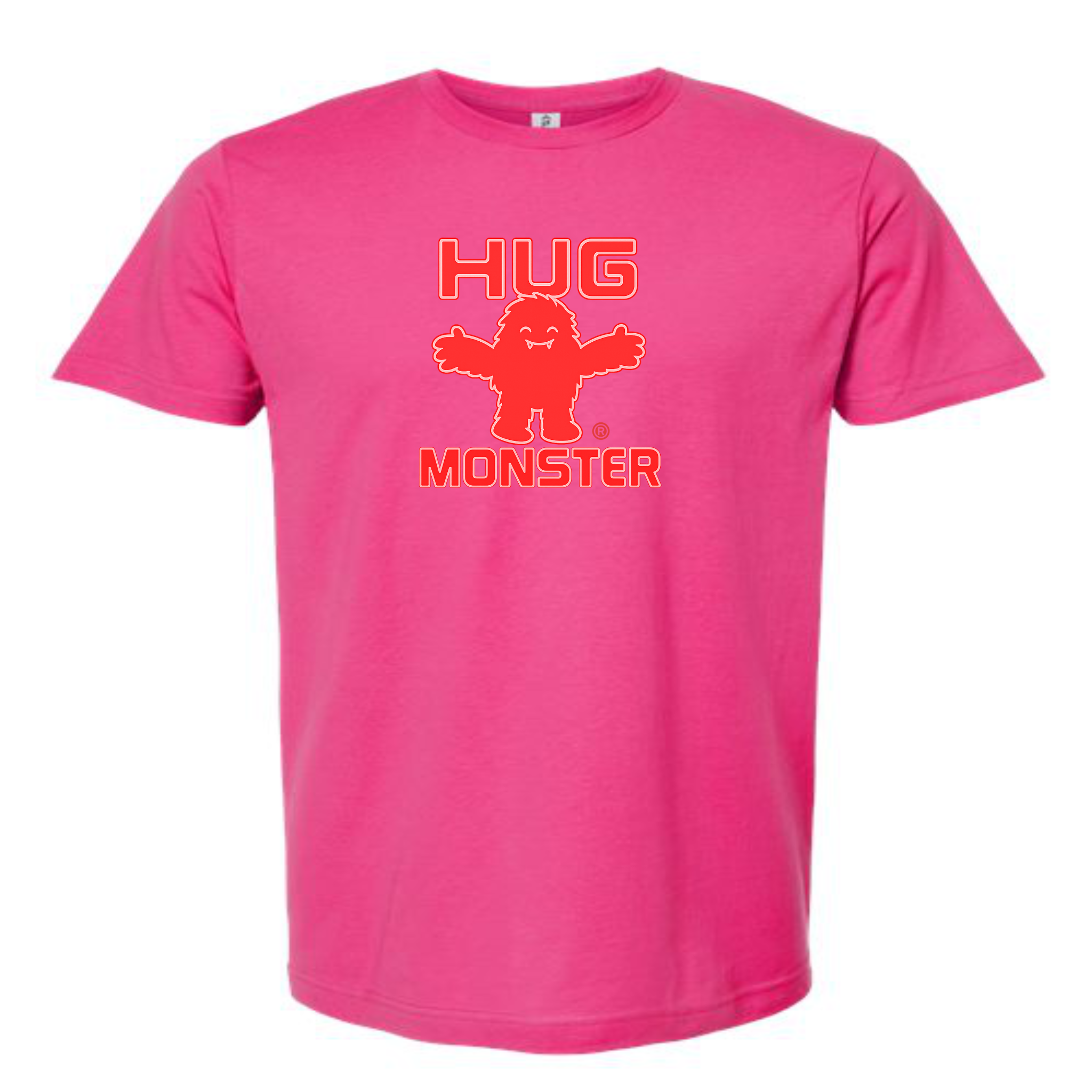 Hug Monster Giant Retro Monster Hugs (Red Logo) T-Shirt - Positive Message Graphic Tee in Bright Fuscia – Front View