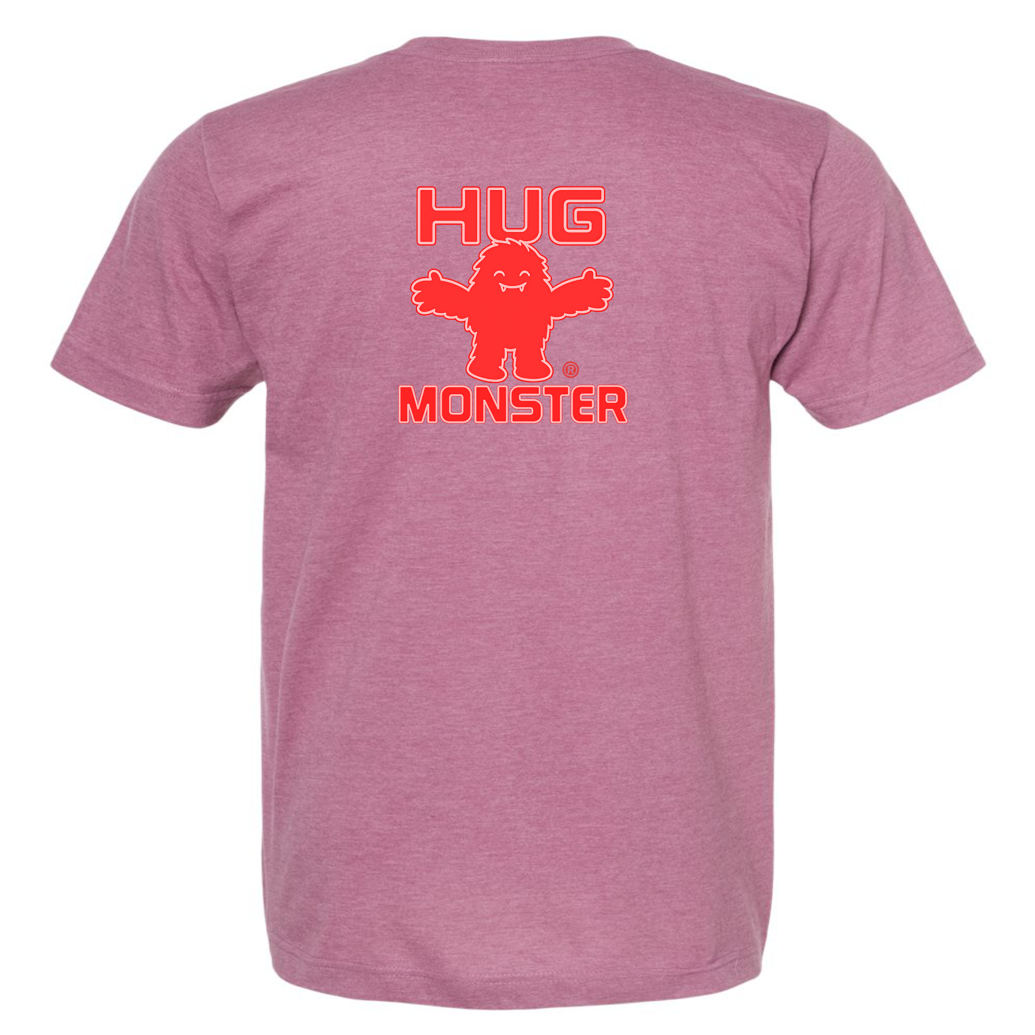 Hug Monster Giant Retro Monster Hugs (Red Logo) T-Shirt - Positive Message Graphic Tee in Heather Dusty Rose Pink – Back View
