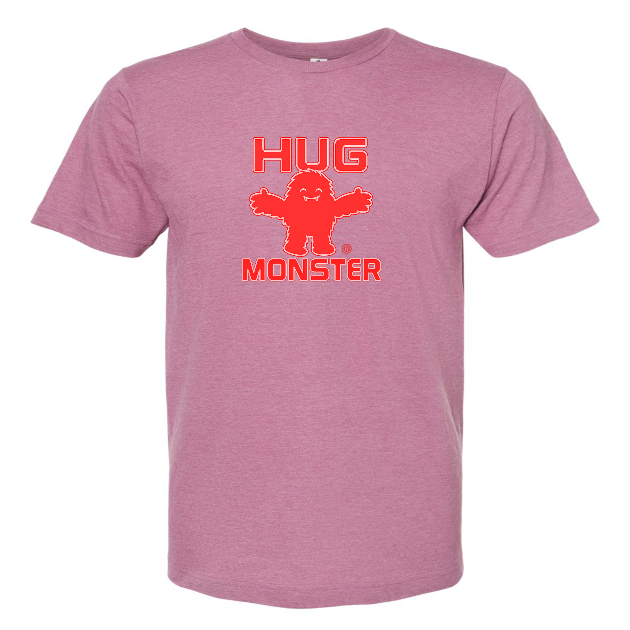 Hug Monster Giant Retro Monster Hugs (Red Logo) T-Shirt in Heather Dusty Rose Pink – Front View