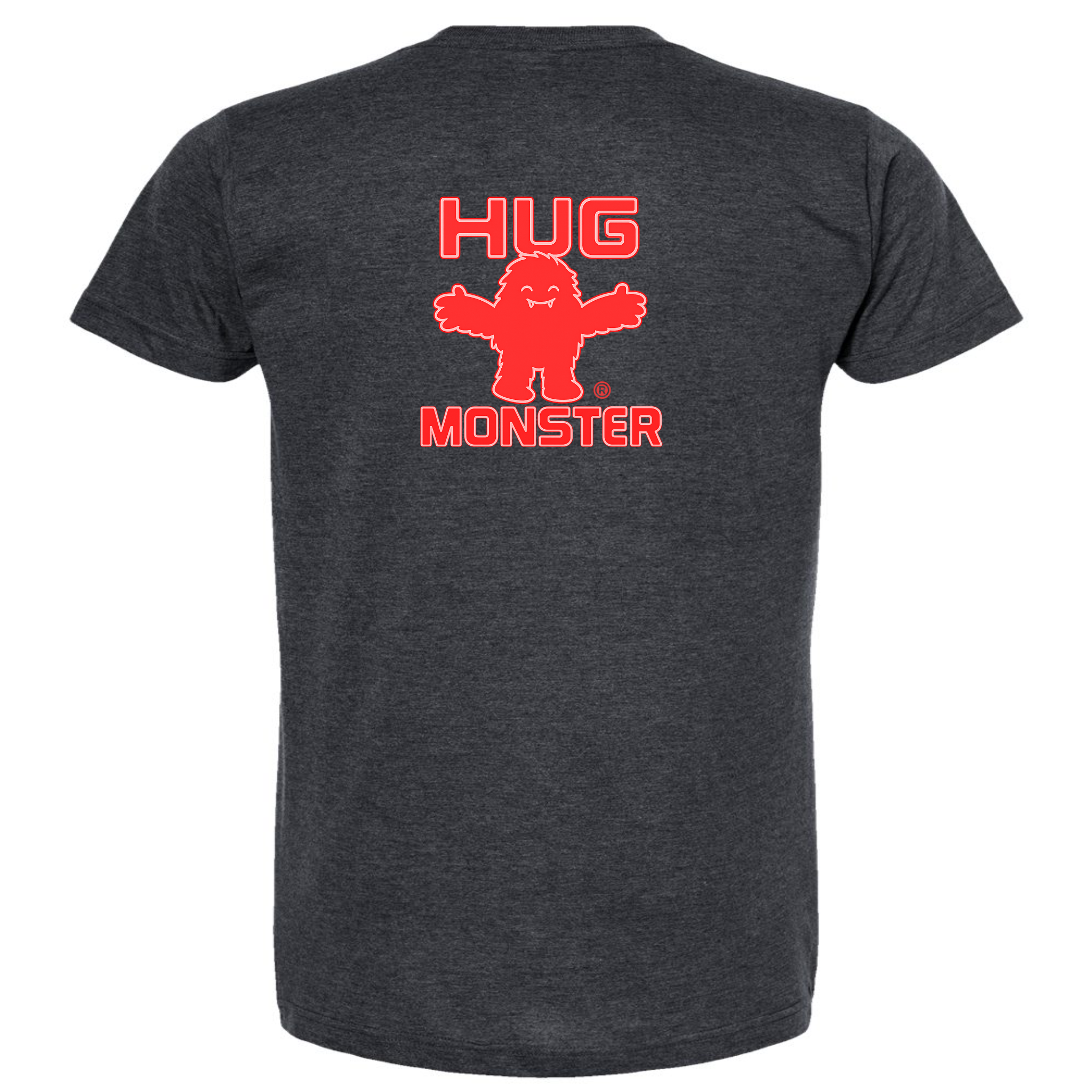 Hug Monster Giant Retro Monster Hugs (Red Logo) T-Shirt - Positive Message Graphic Tee in Heather Graphite – Back View