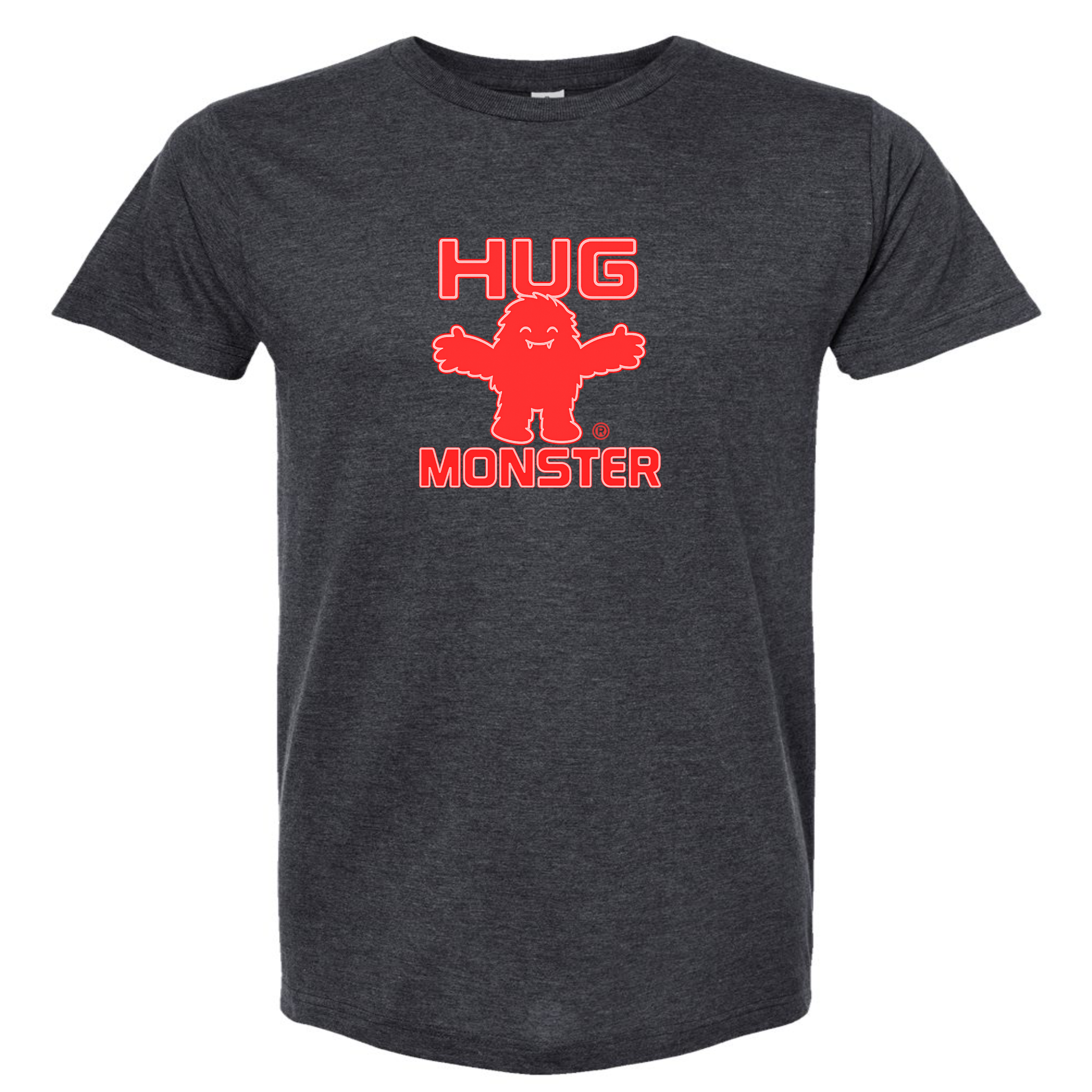 Hug Monster Giant Retro Monster Hugs (Red Logo) T-Shirt - Positive Message Graphic Tee in Heather Graphite – Front View