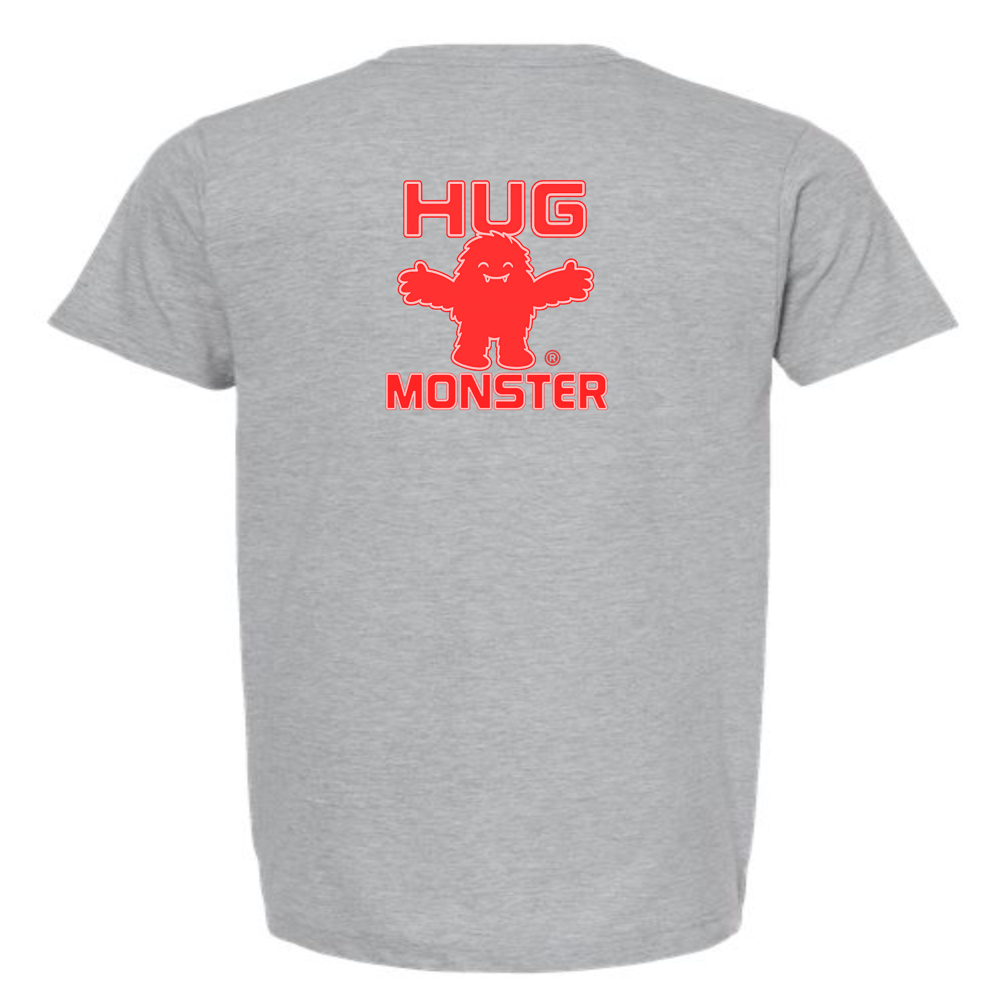 Hug Monster Giant Retro Monster Hugs (Red Logo) T-Shirt - Positive Message Graphic Tee in Heather Grey – Back View