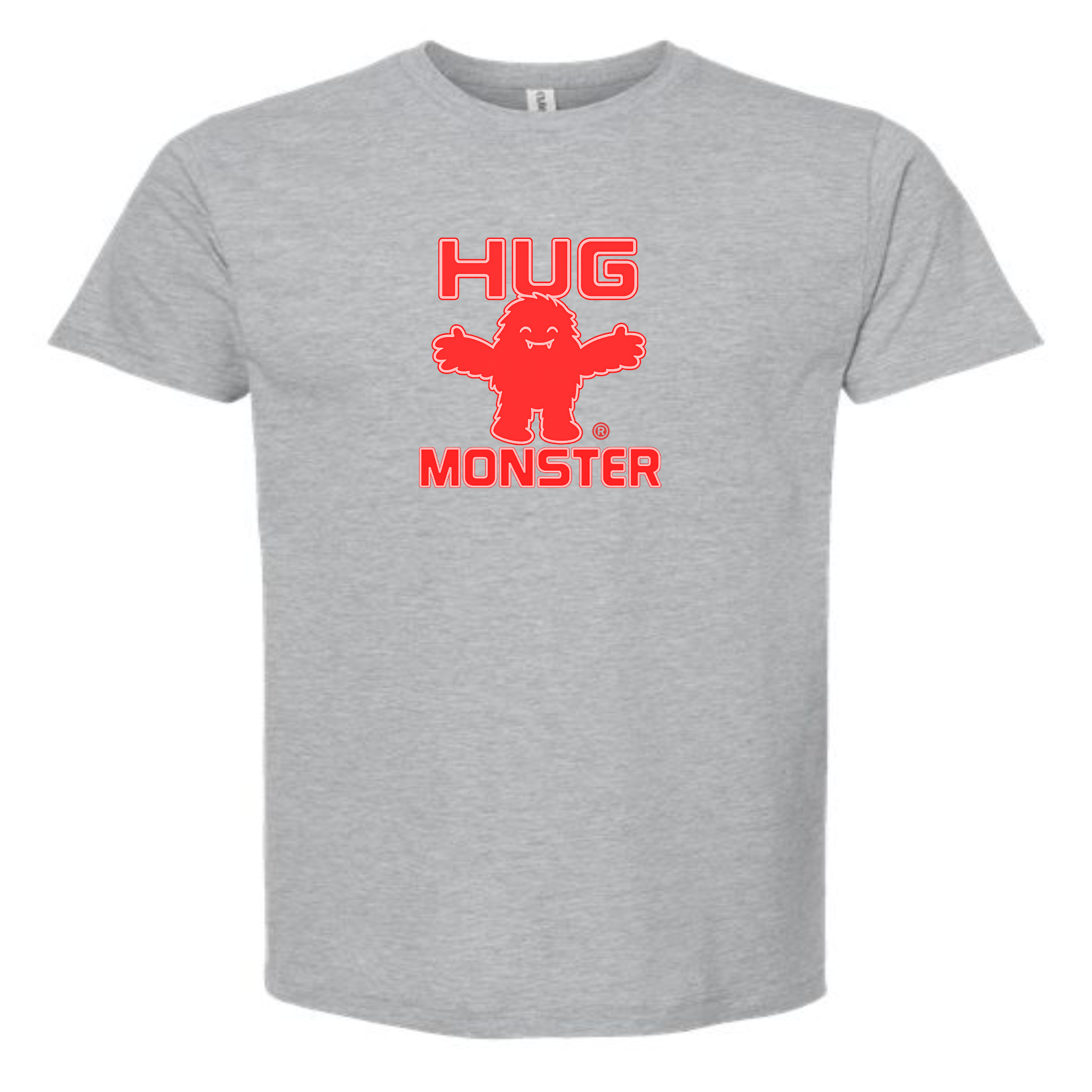 Hug Monster Giant Retro Monster Hugs (Red Logo) T-Shirt - Positive Message Graphic Tee in Heather Grey – Front View
