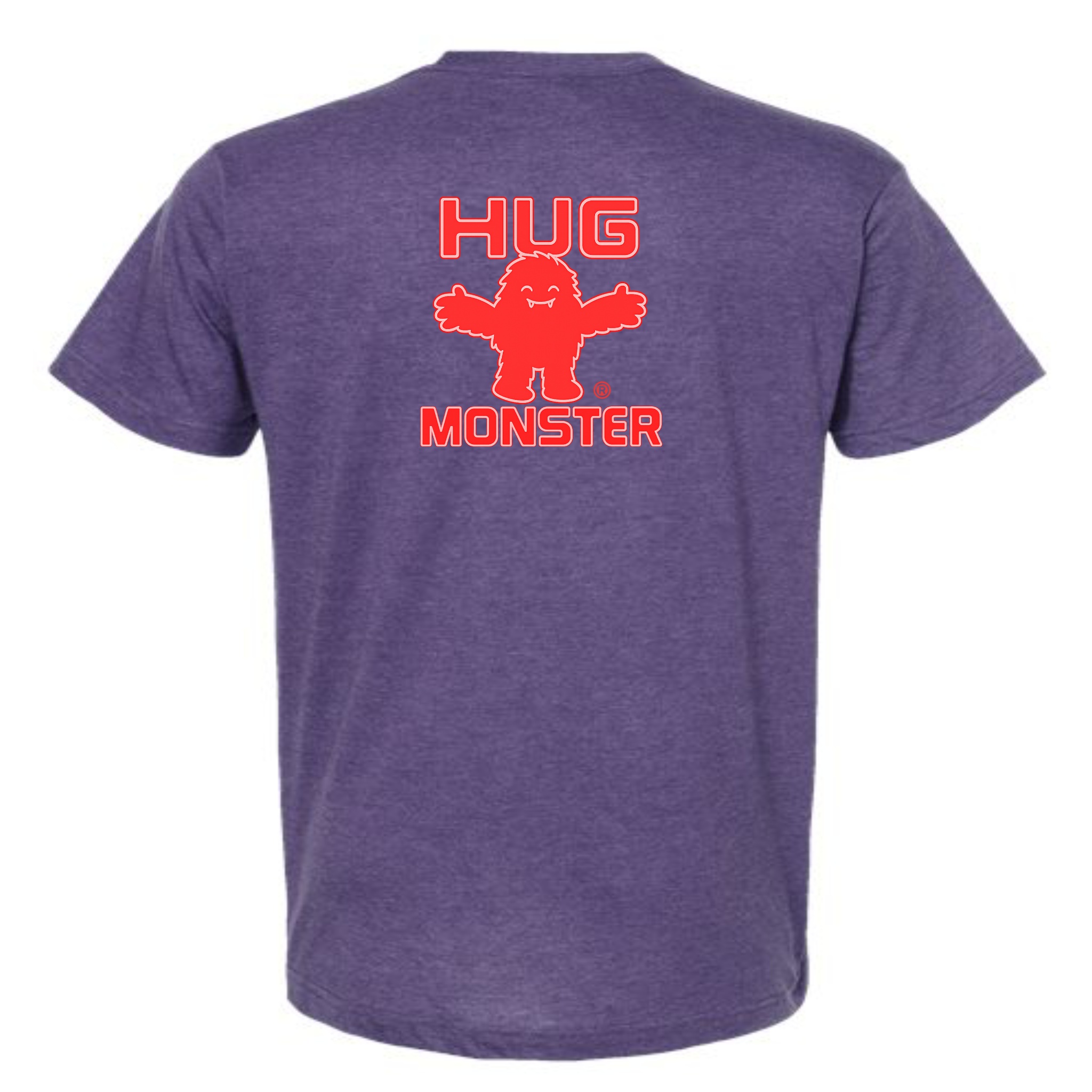 Hug Monster Giant Retro Monster Hugs (Red Logo) T-Shirt - Positive Message Graphic Tee in Heather Purple – Back View