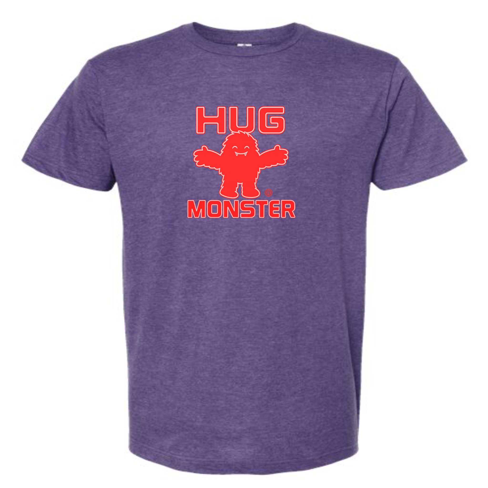 Hug Monster Giant Retro Monster Hugs (Red Logo) T-Shirt - Positive Message Graphic Tee in Heather Purple – Front View