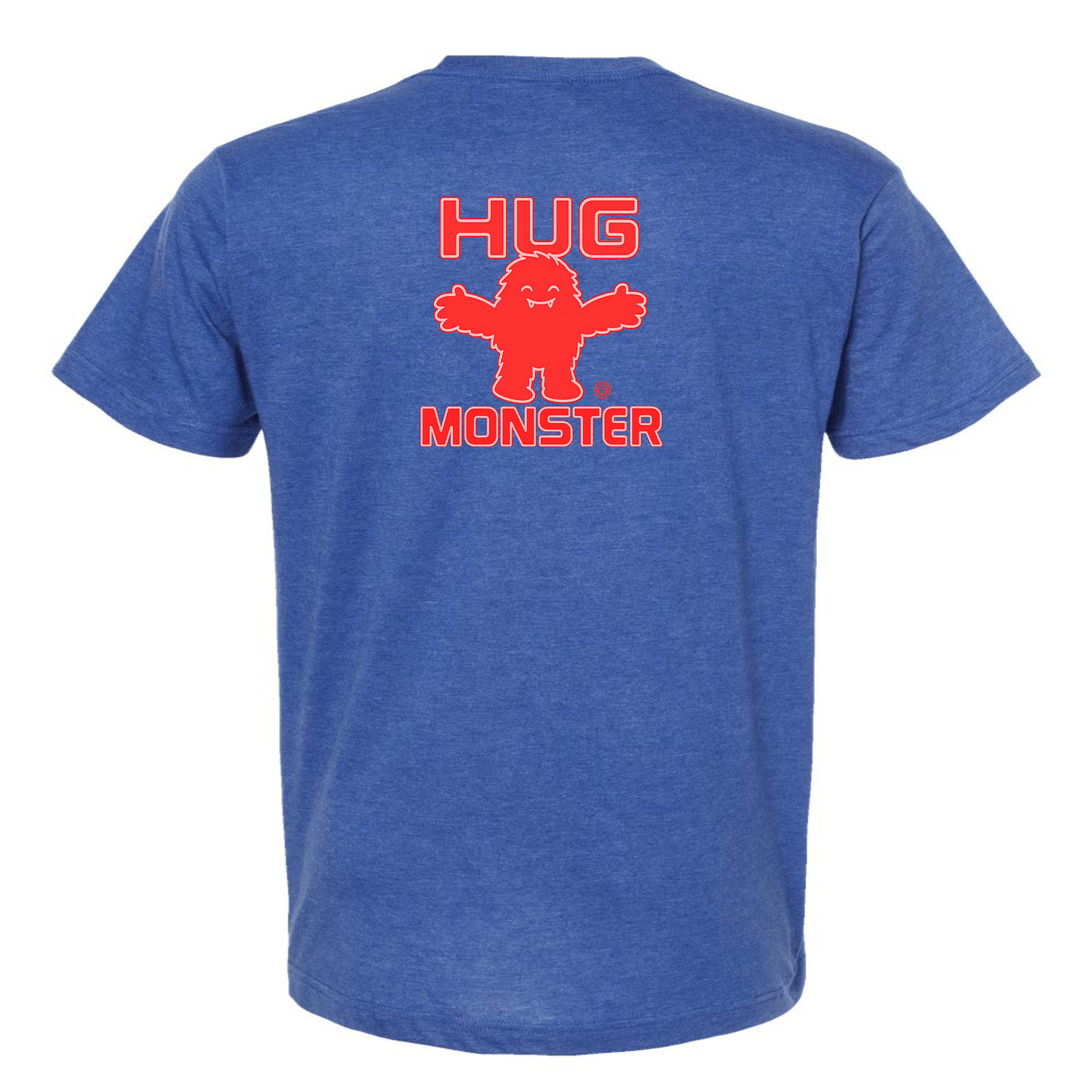 Hug Monster Giant Retro Monster Hugs (Red Logo) T-Shirt - Positive Message Graphic Tee in Heather Royal Blue – Back View