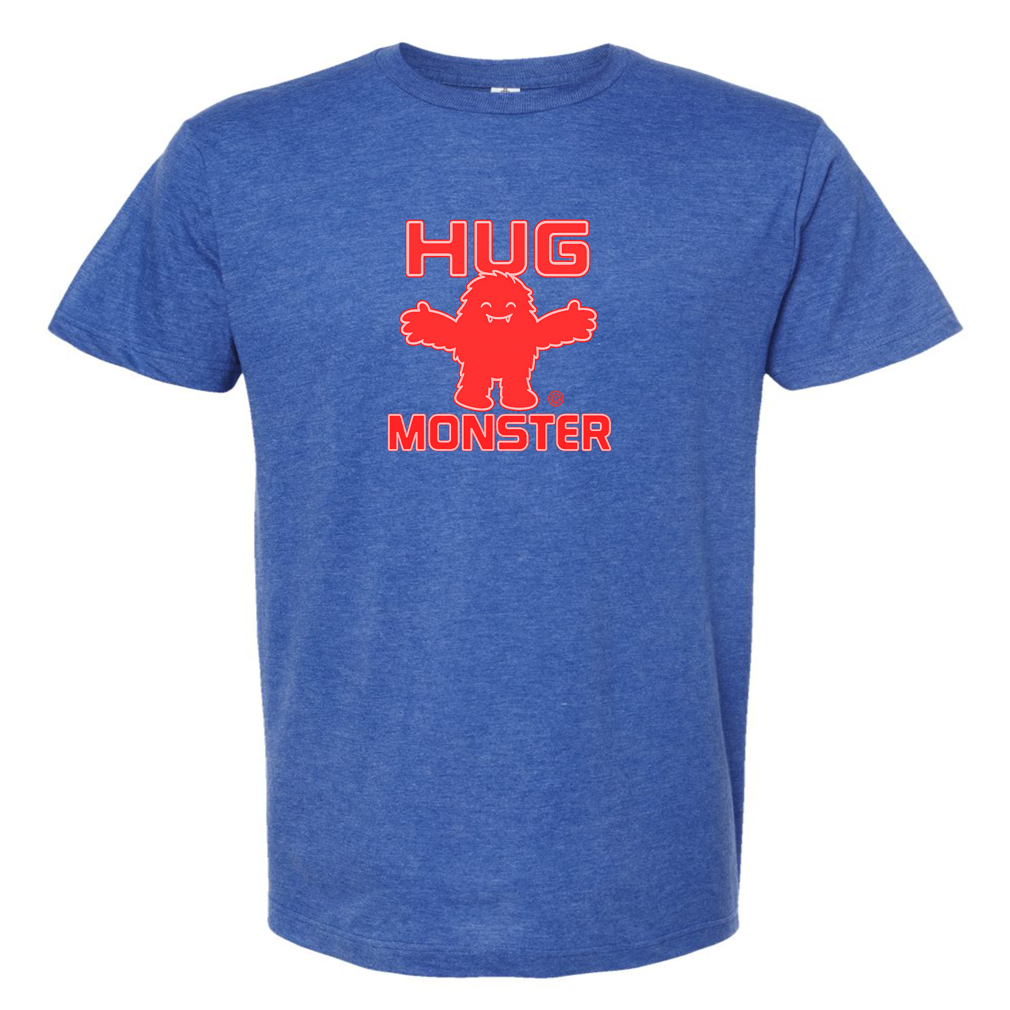 Hug Monster Giant Retro Monster Hugs (Red Logo) T-Shirt - Positive Message Graphic Tee in Heather Royal Blue – Front View