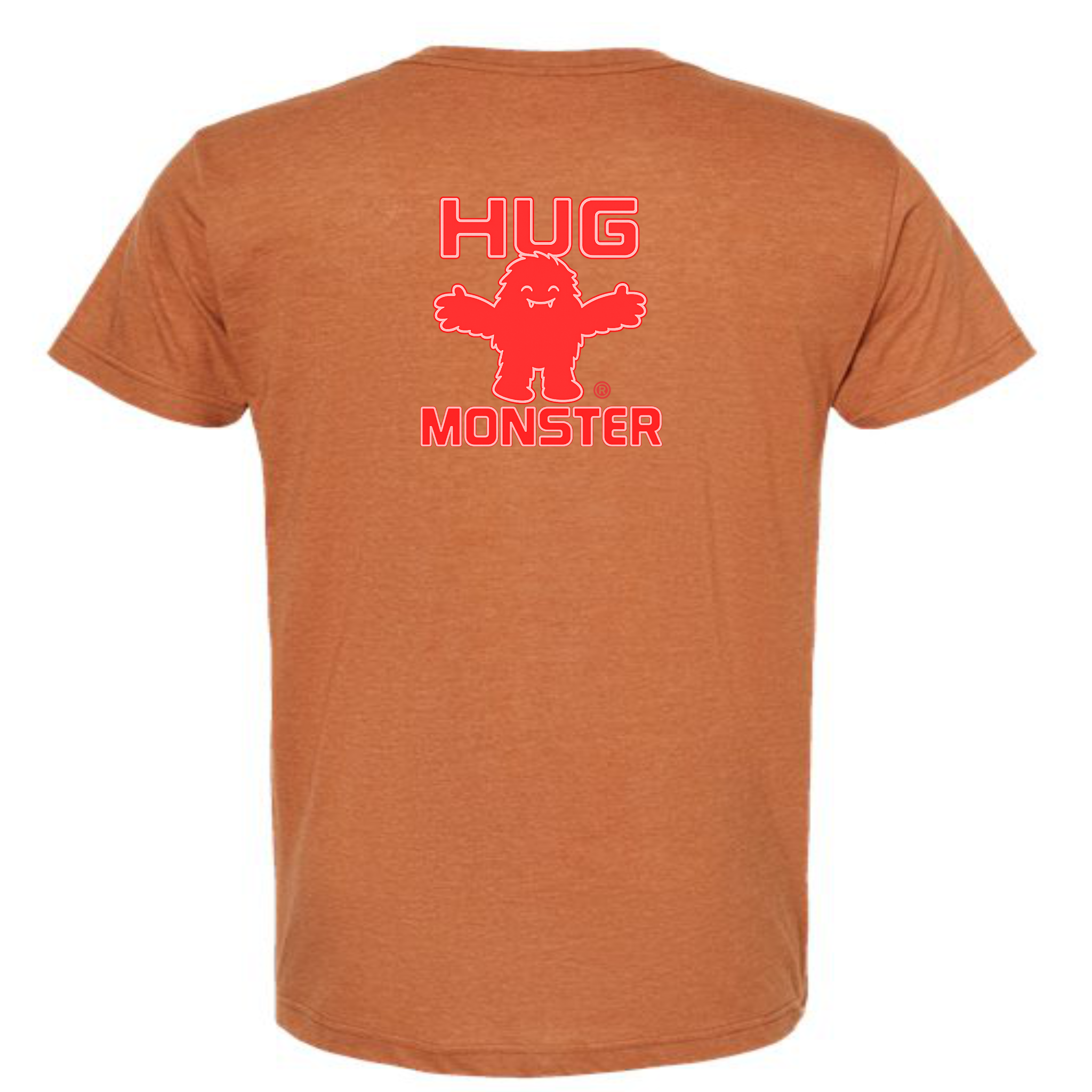 Hug Monster Giant Retro Monster Hugs (Red Logo) T-Shirt - Positive Message Graphic Tee in Heather Rust – Back View
