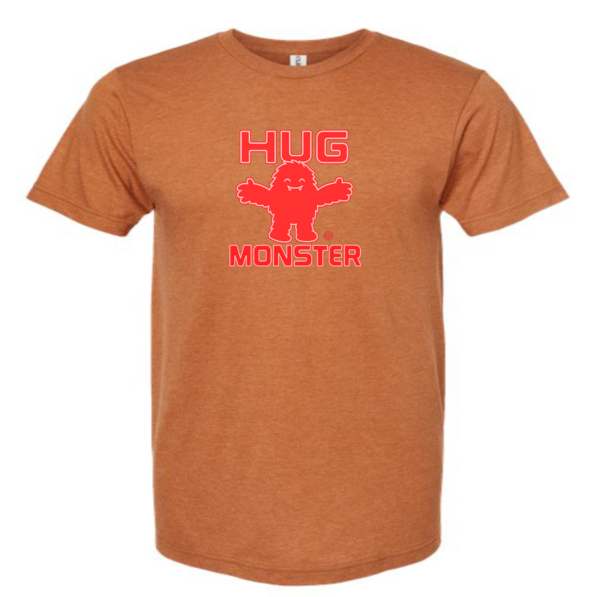 Hug Monster Giant Retro Monster Hugs (Red Logo) T-Shirt - Positive Message Graphic Tee in Heather Rust – Front View