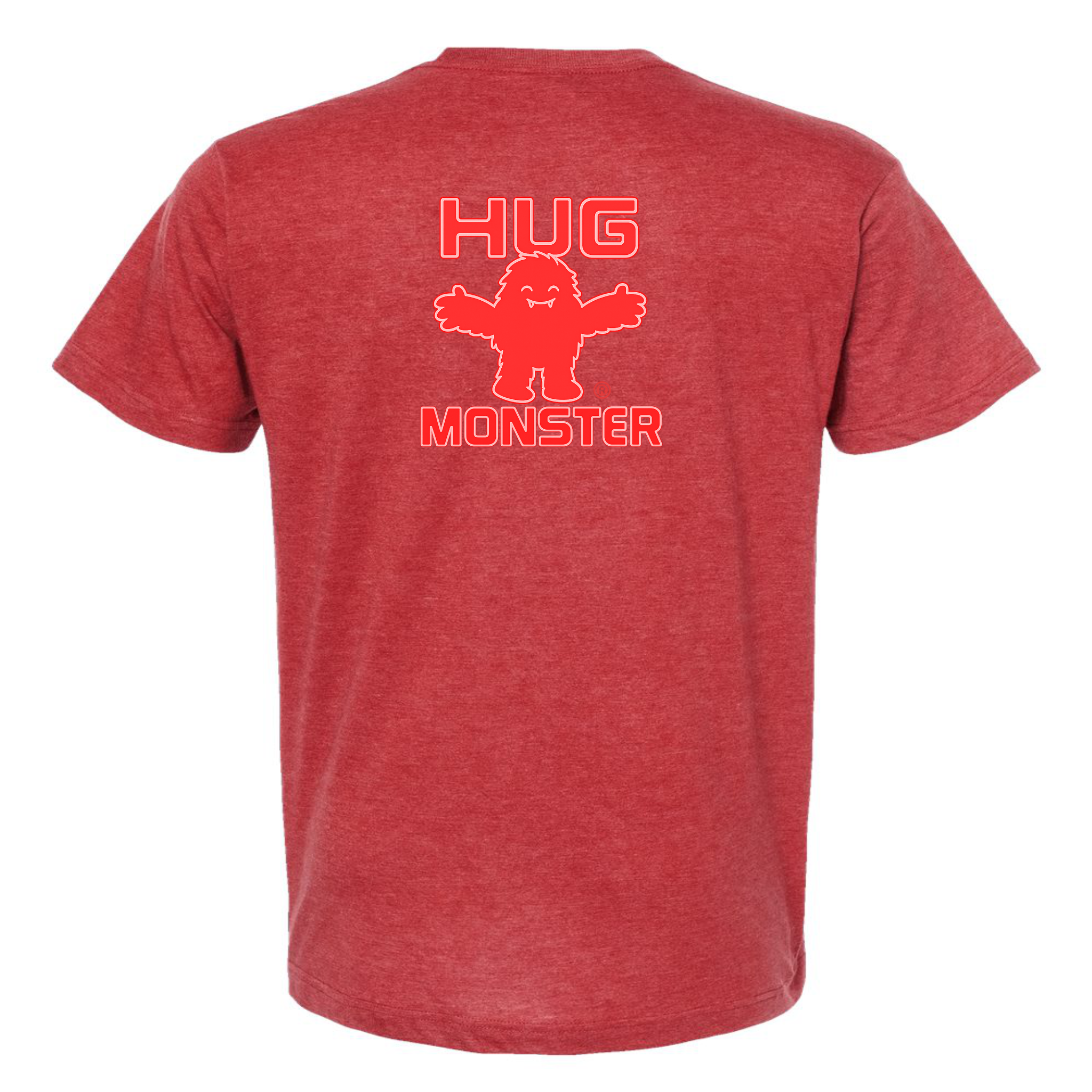 Hug Monster Giant Retro Monster Hugs (Red Logo) T-Shirt - Positive Message Graphic Tee in Heather Scarlet Red – Back View
