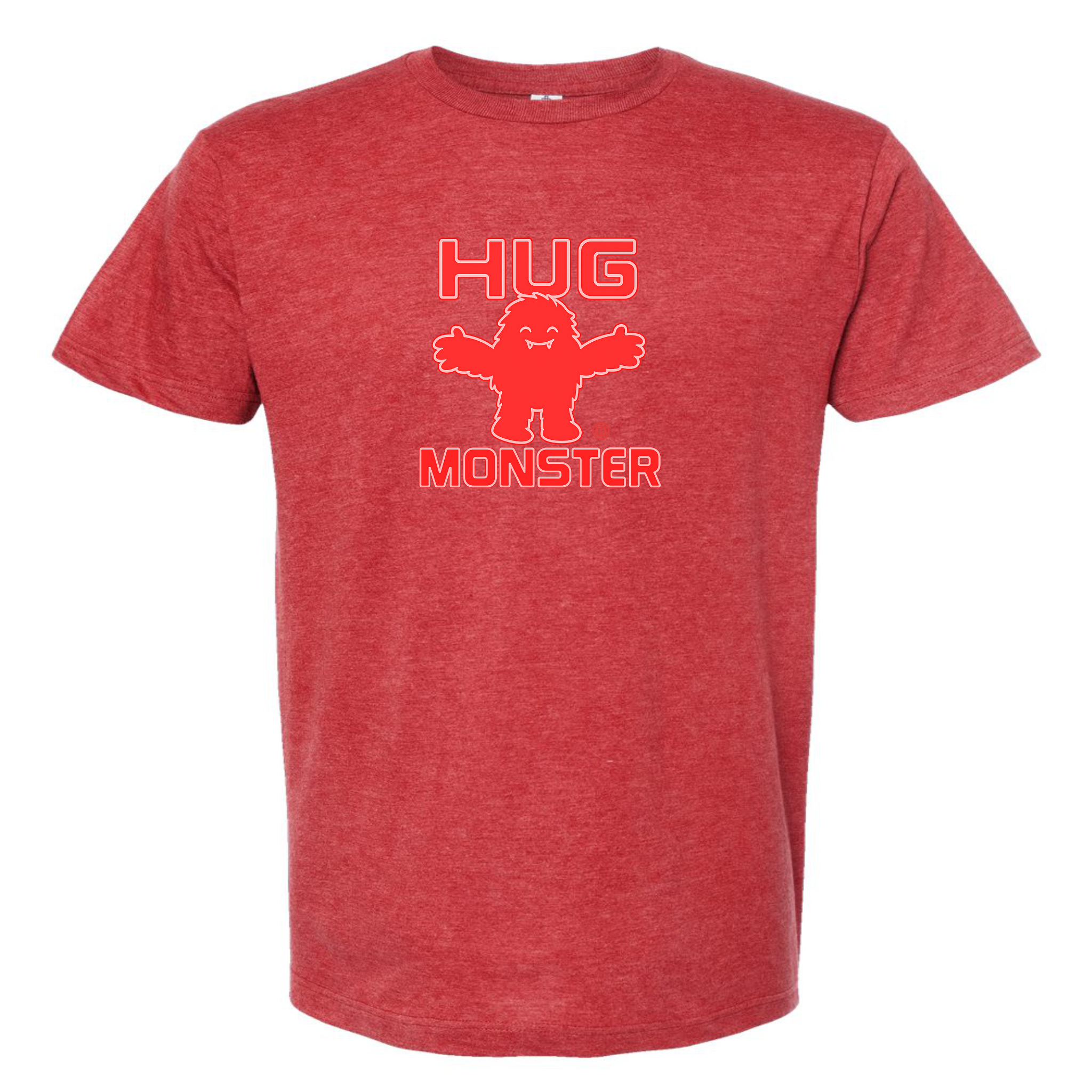 Hug Monster Giant Retro Monster Hugs (Red Logo) T-Shirt - Positive Message Graphic Tee in Heather Scarlet Red – Front View