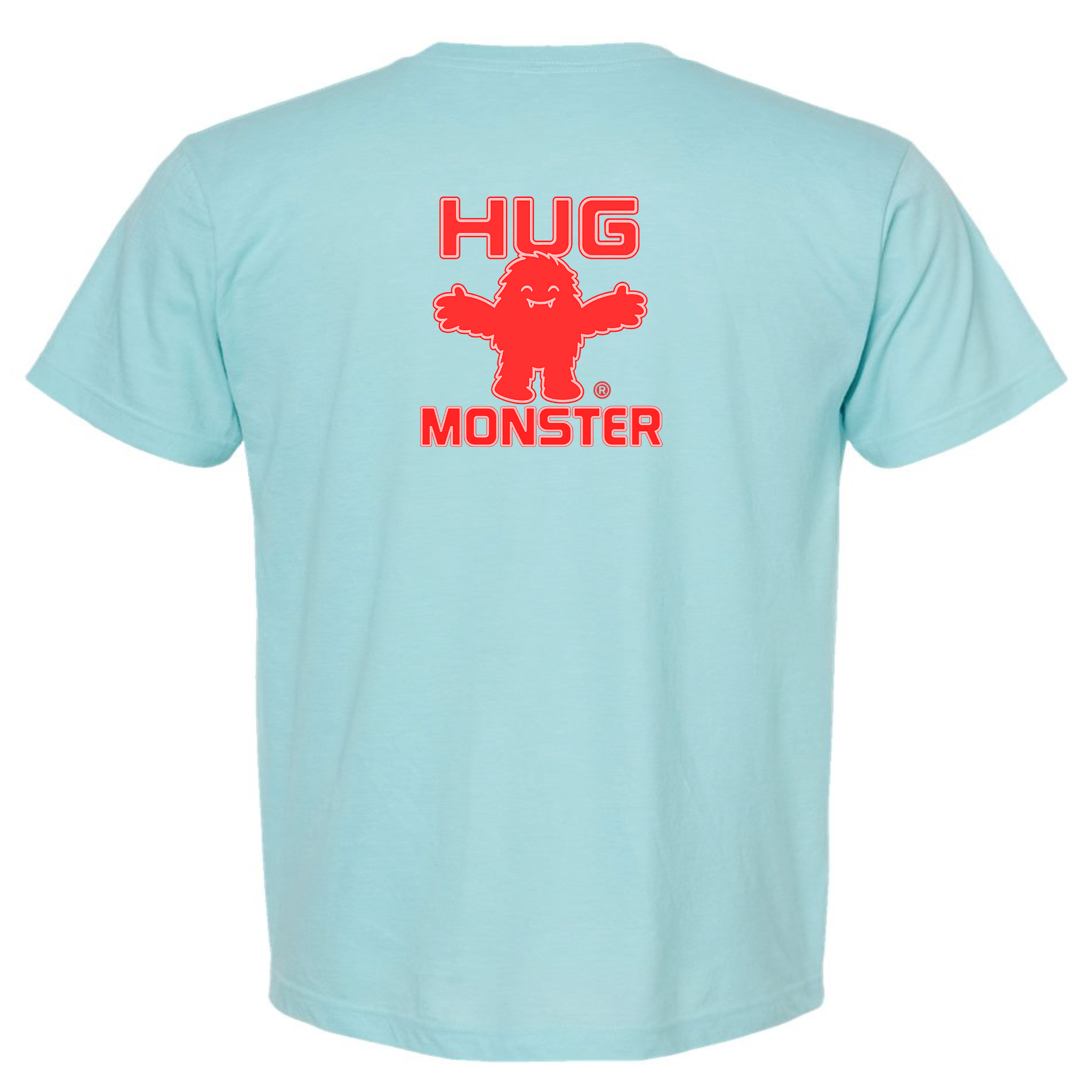 Hug Monster Giant Retro Monster Hugs (Red Logo) T-Shirt - Positive Message Graphic Tee in Heather Turquoise – Back View