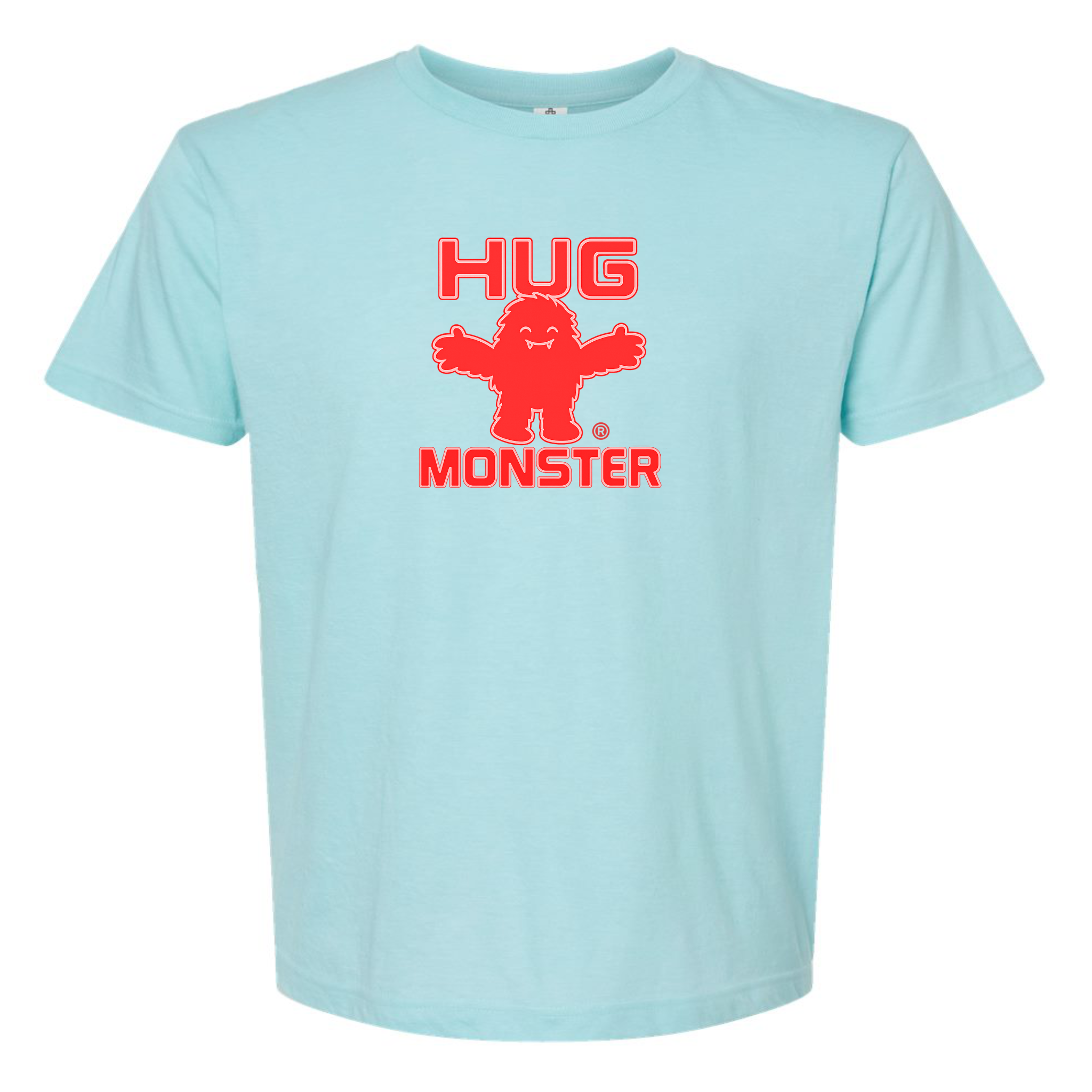 Hug Monster Giant Retro Monster Hugs (Red Logo) T-Shirt - Positive Message Graphic Tee in Heather Turquoise – Front View