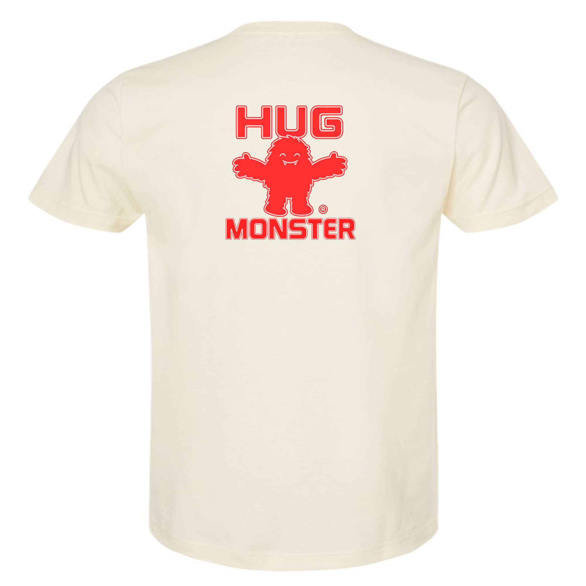 Hug Monster Giant Retro Monster Hugs (Red Logo) T-Shirt - Positive Message Graphic Tee in Natural – Back View