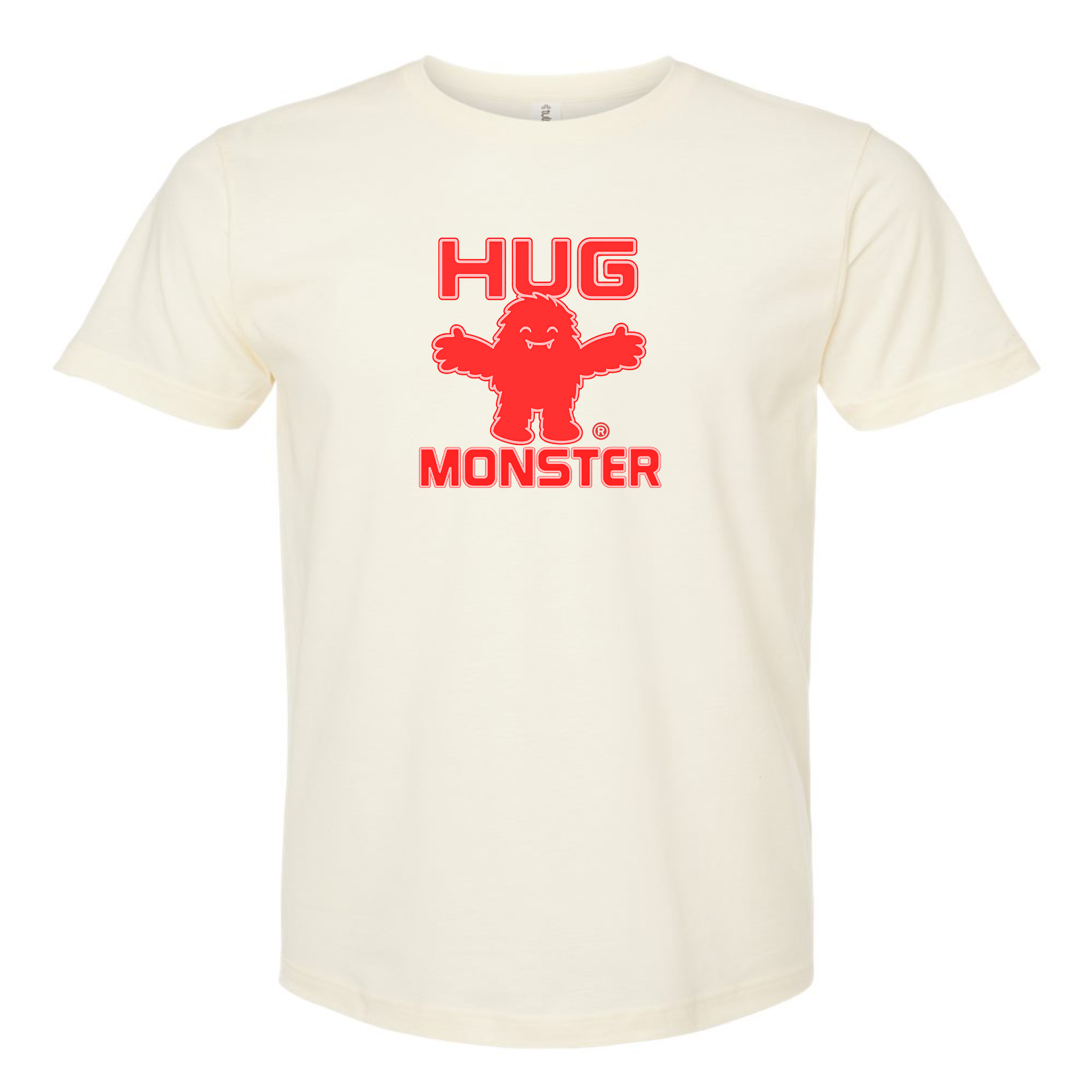 Hug Monster Giant Retro Monster Hugs (Red Logo) T-Shirt - Positive Message Graphic Tee in Natural – Front View
