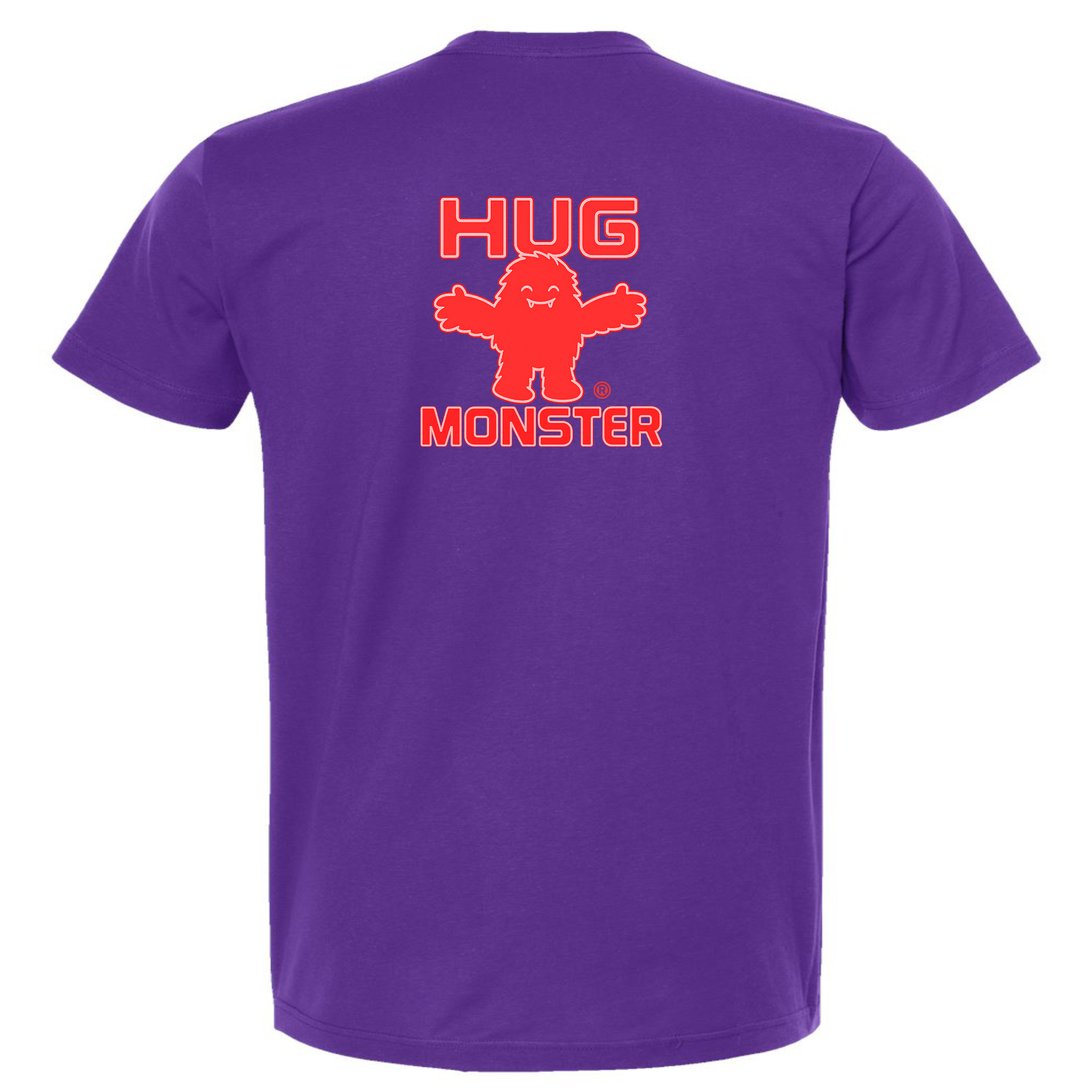 Hug Monster Giant Retro Monster Hugs (Red Logo) T-Shirt - Positive Message Graphic Tee in Purple – Back View