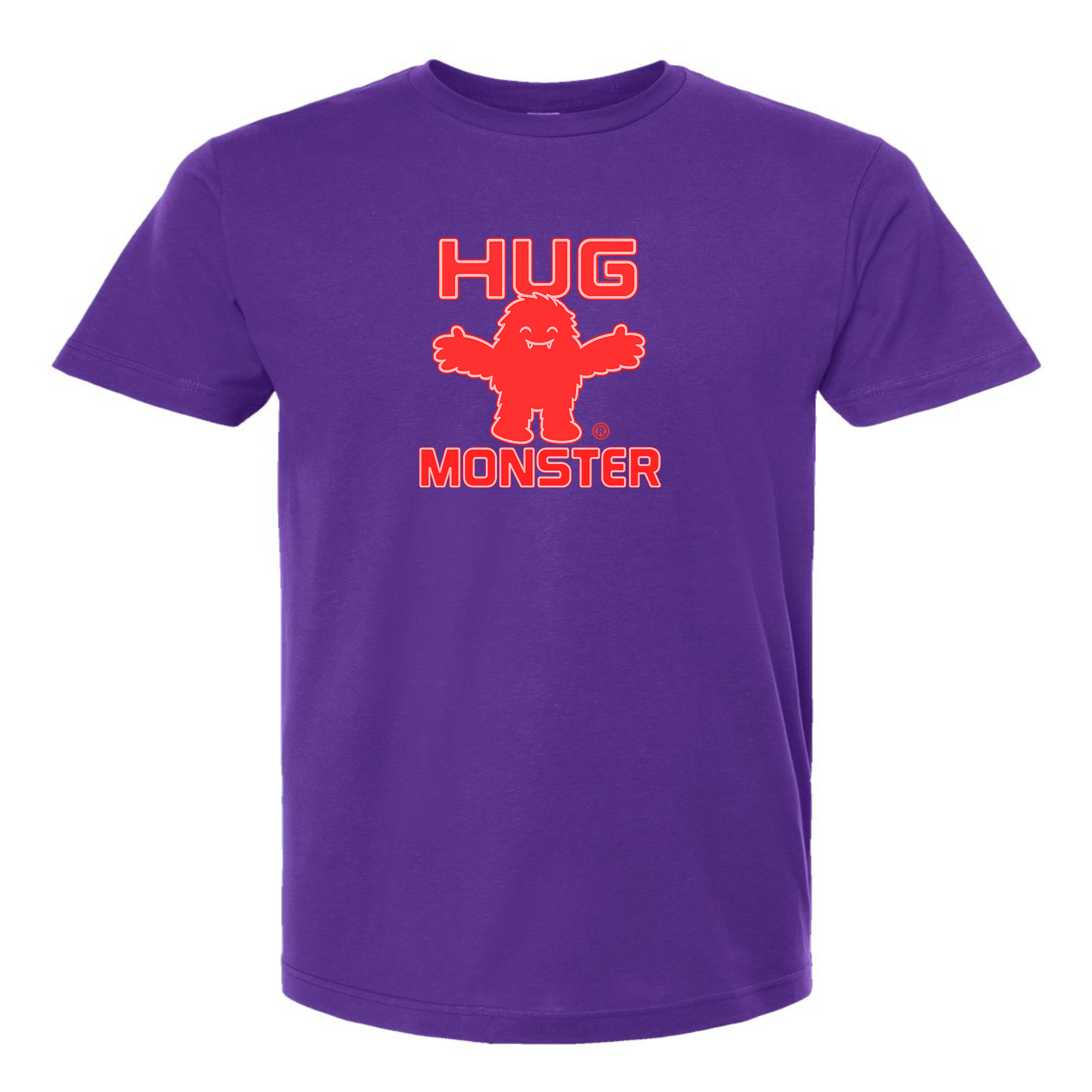 Hug Monster Giant Retro Monster Hugs (Red Logo) T-Shirt - Positive Message Graphic Tee in Purple – Front View