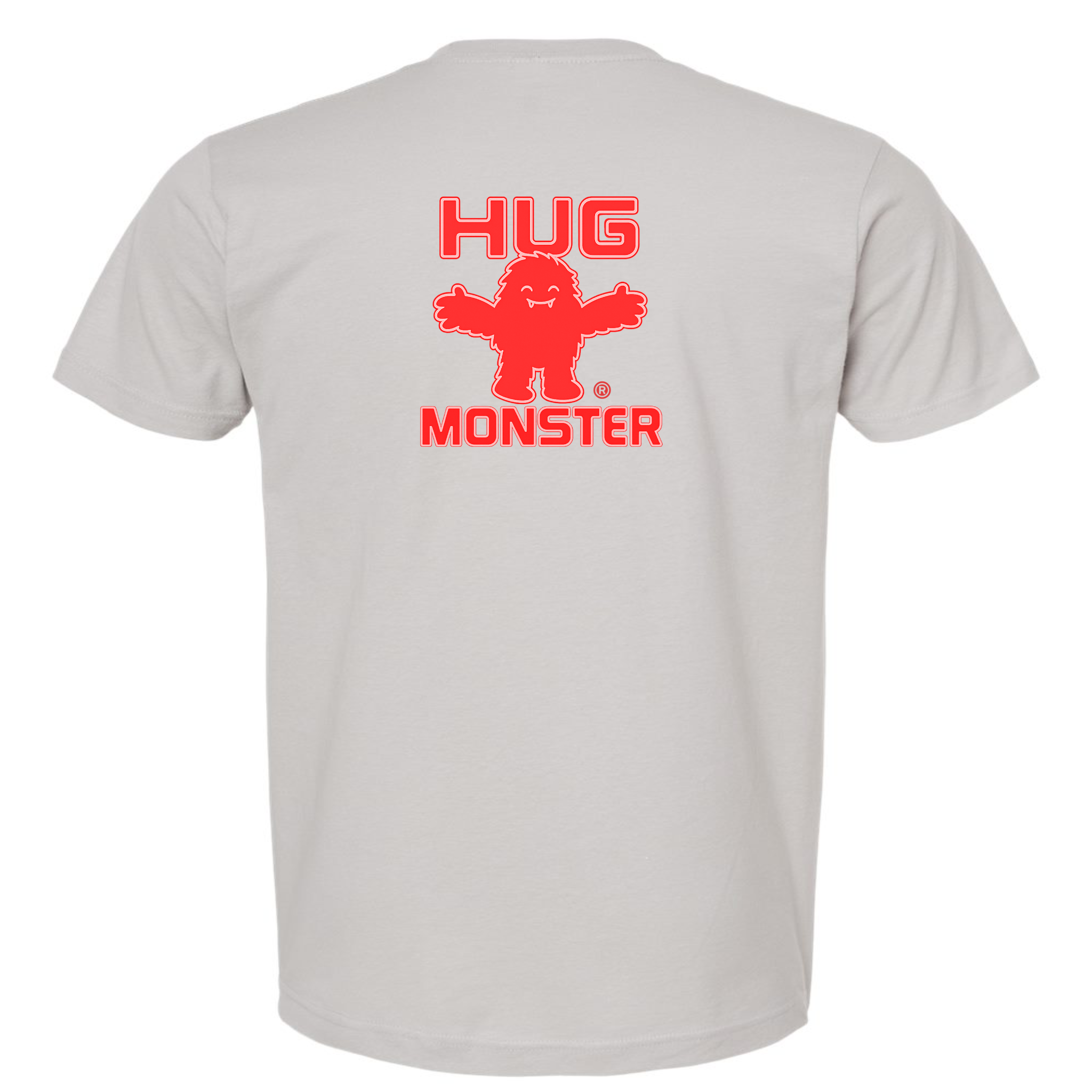 Hug Monster Giant Retro Monster Hugs (Red Logo) T-Shirt - Positive Message Graphic Tee in Silver – Back View