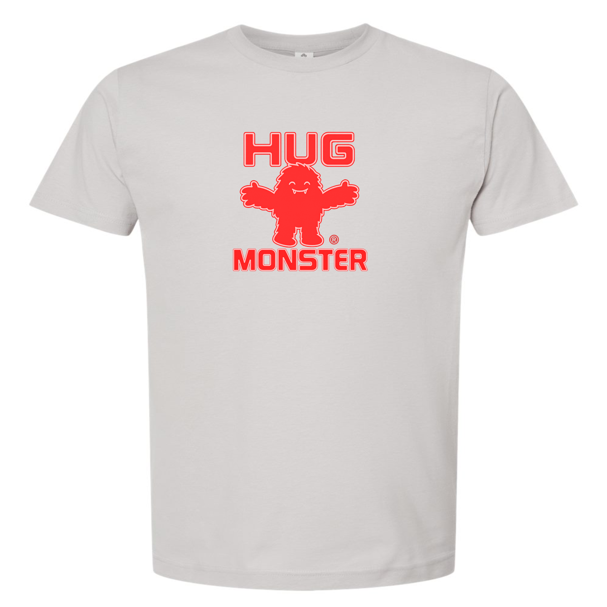 Hug Monster Giant Retro Monster Hugs (Red Logo) T-Shirt - Positive Message Graphic Tee in Silver – Front View