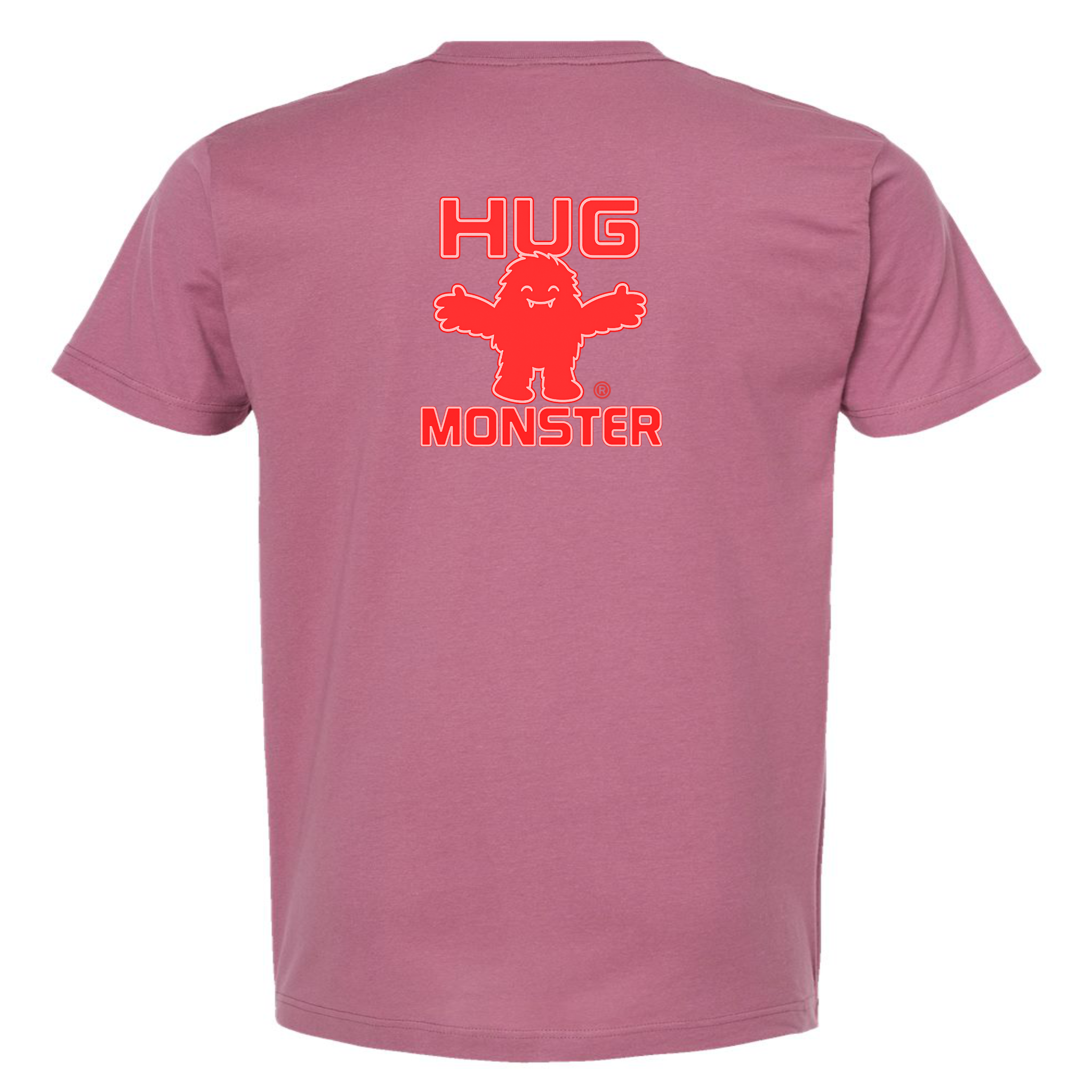 Hug Monster Giant Retro Monster Hugs (Red Logo) T-Shirt - Positive Message Graphic Tee in Soft Dusty Rose Pink – Back View