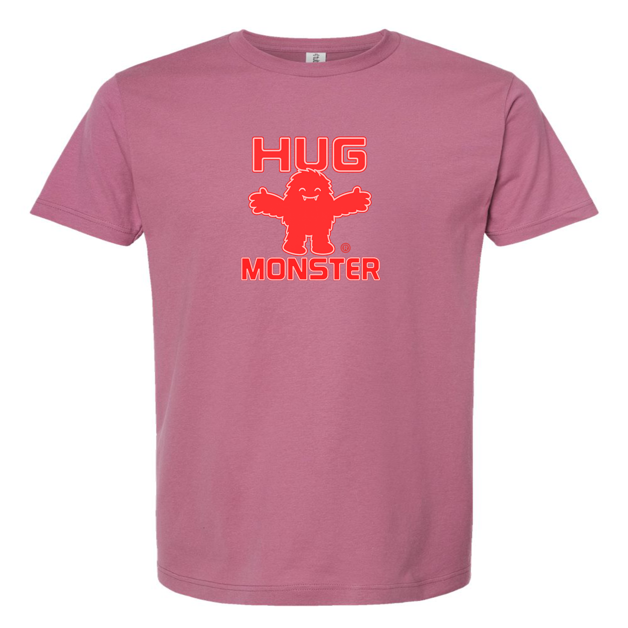 Hug Monster Giant Retro Monster Hugs (Red Logo) T-Shirt - Positive Message Graphic Tee in Soft Dusty Rose Pink – Front View