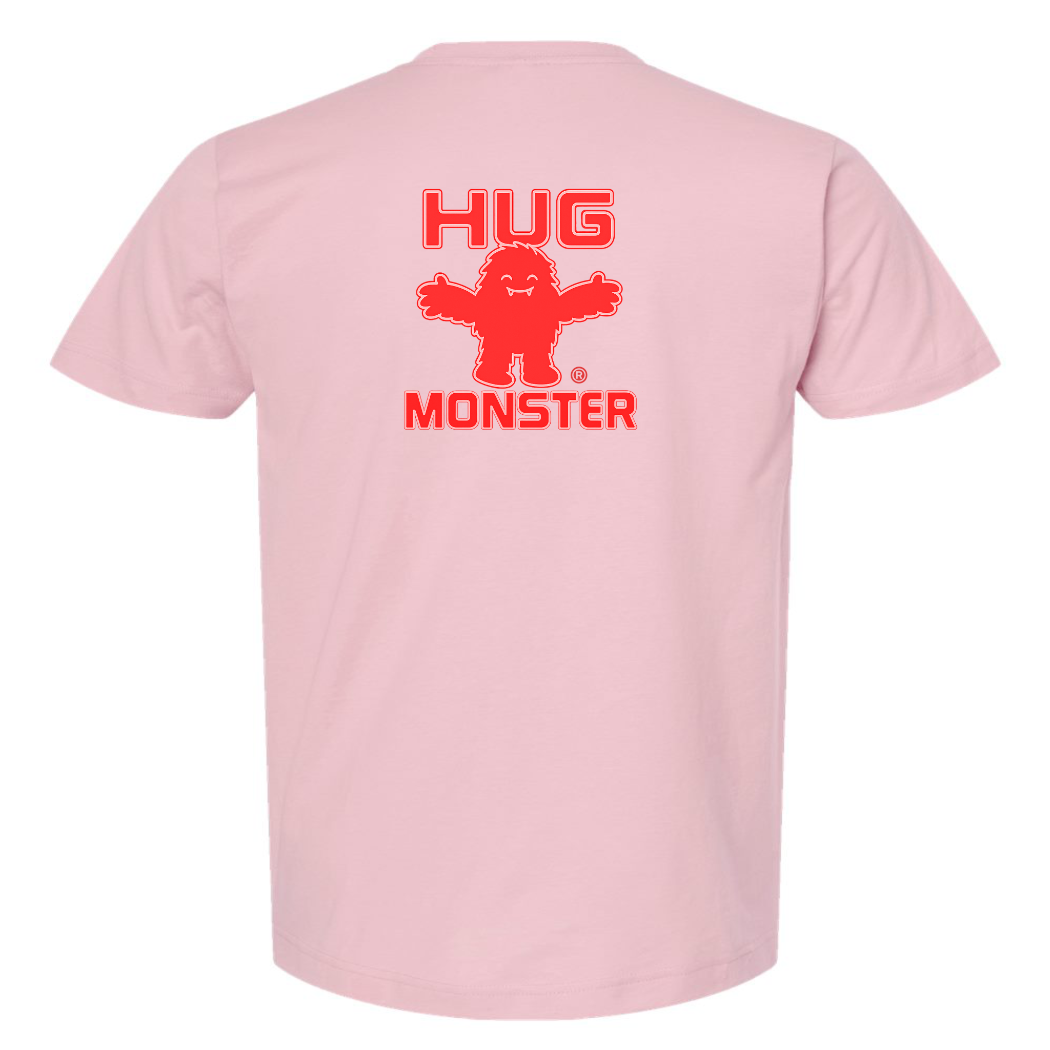Hug Monster Giant Retro Monster Hugs (Red Logo) T-Shirt - Positive Message Graphic Tee in Soft Pink – Back View