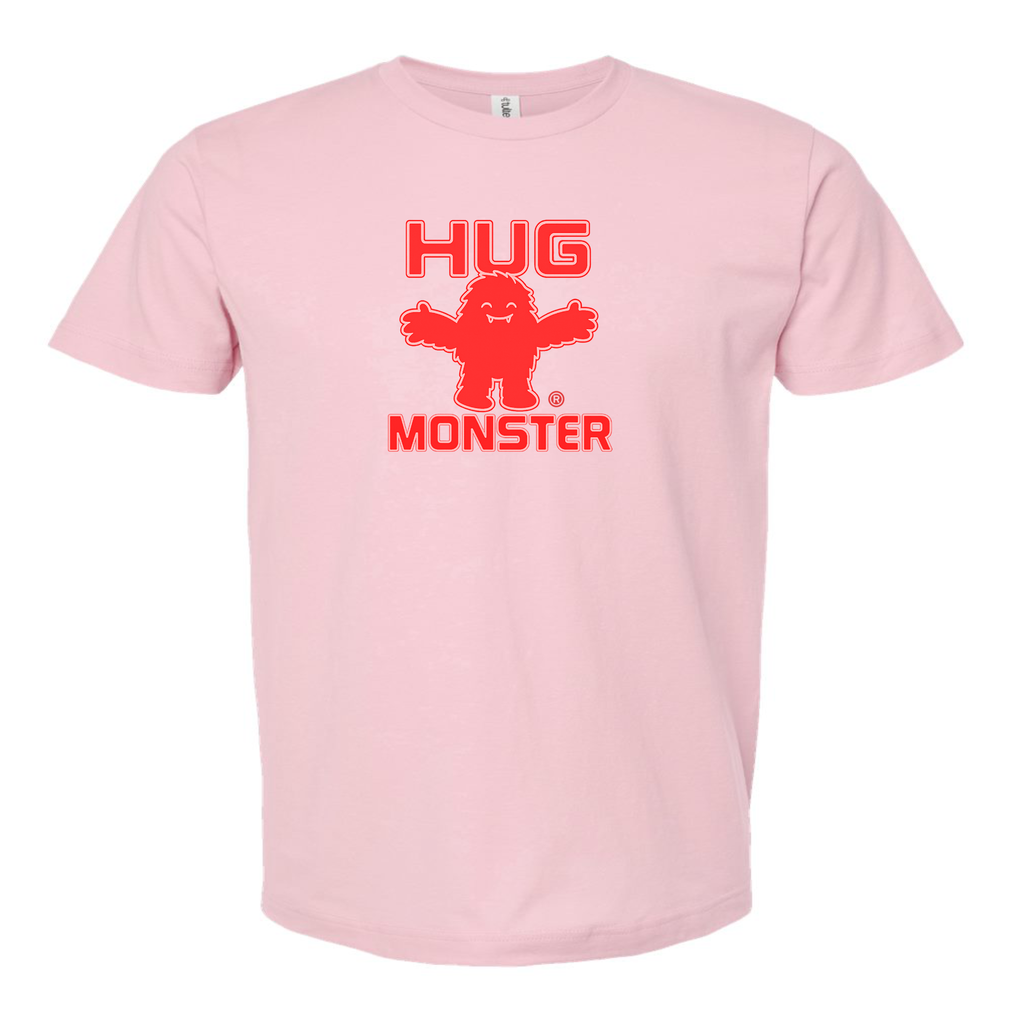 Hug Monster Giant Retro Monster Hugs (Red Logo) T-Shirt - Positive Message Graphic Tee in Soft Pink – Front View