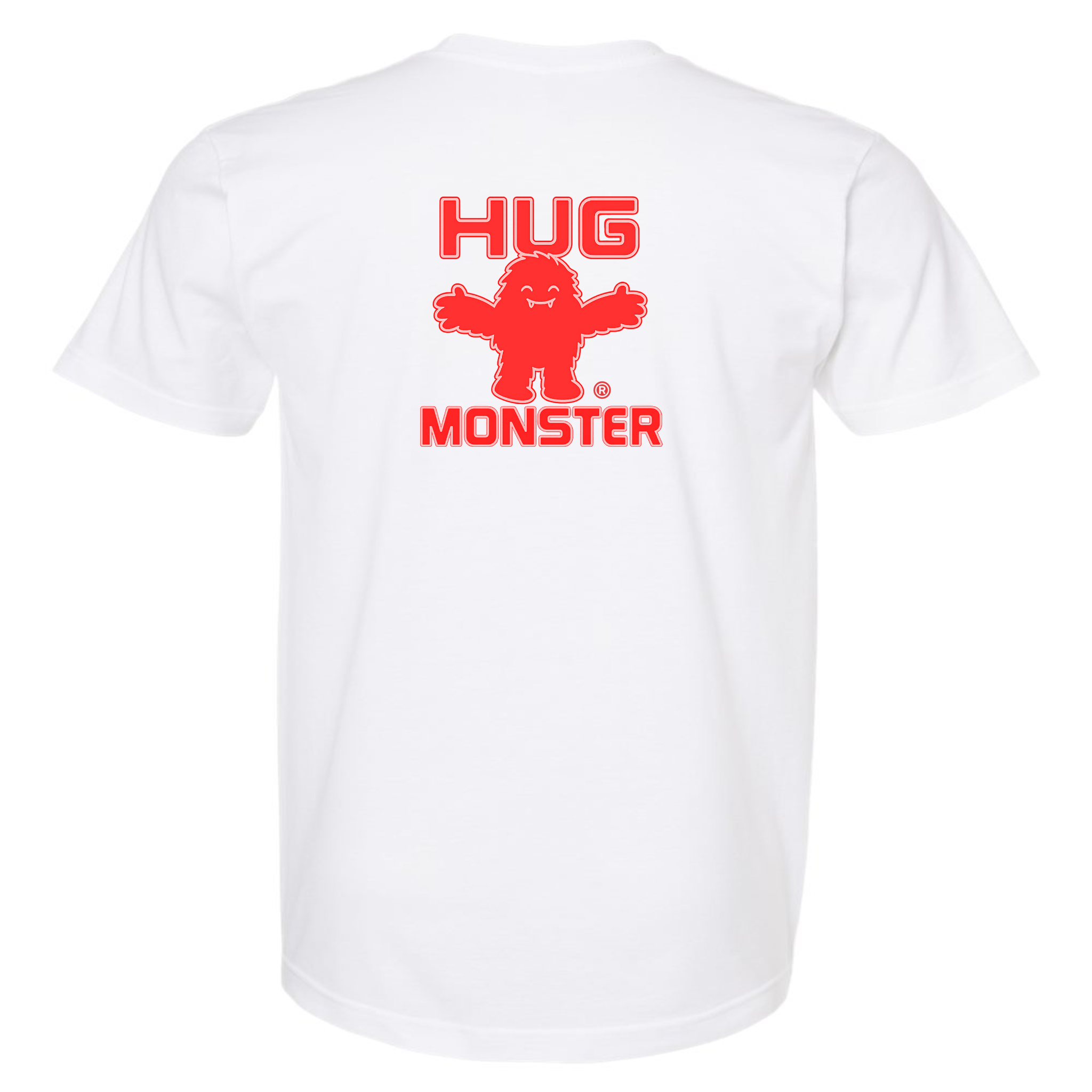 Hug Monster Giant Retro Monster Hugs (Red Logo) T-Shirt - Positive Message Graphic Tee in White – Back View