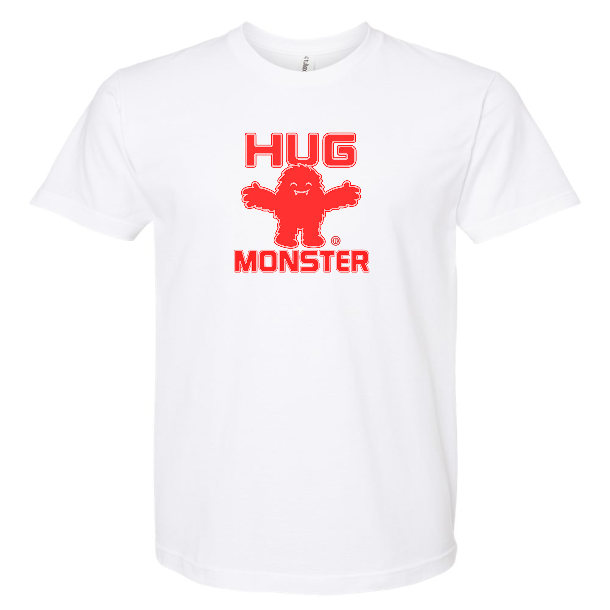 Hug Monster Giant Retro Monster Hugs (Red Logo) T-Shirt - Positive Message Graphic Tee in White – Front View