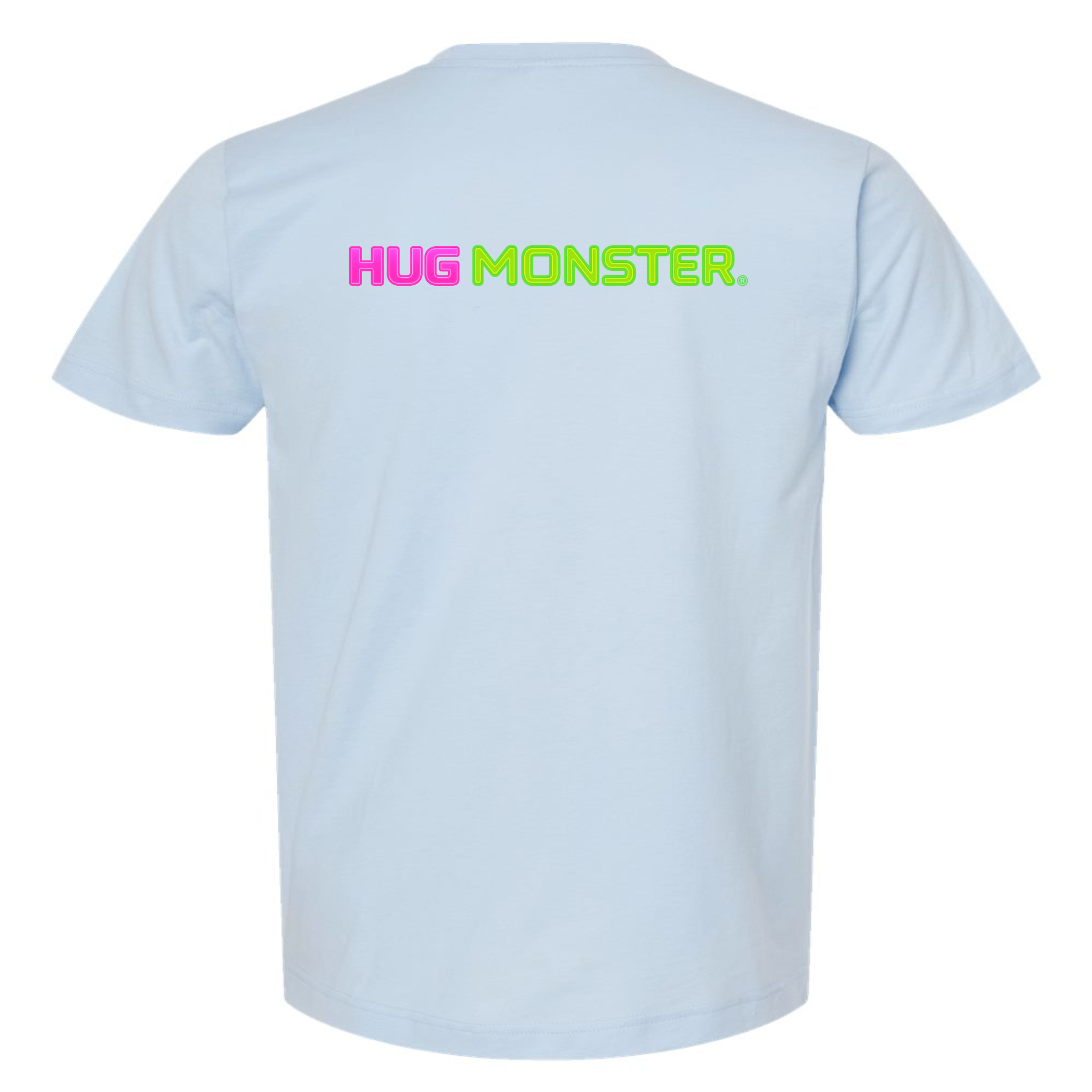 Hug Monster Neon Straight T-Shirt - Positive Message Graphic Tee in Baby Blue – Back View