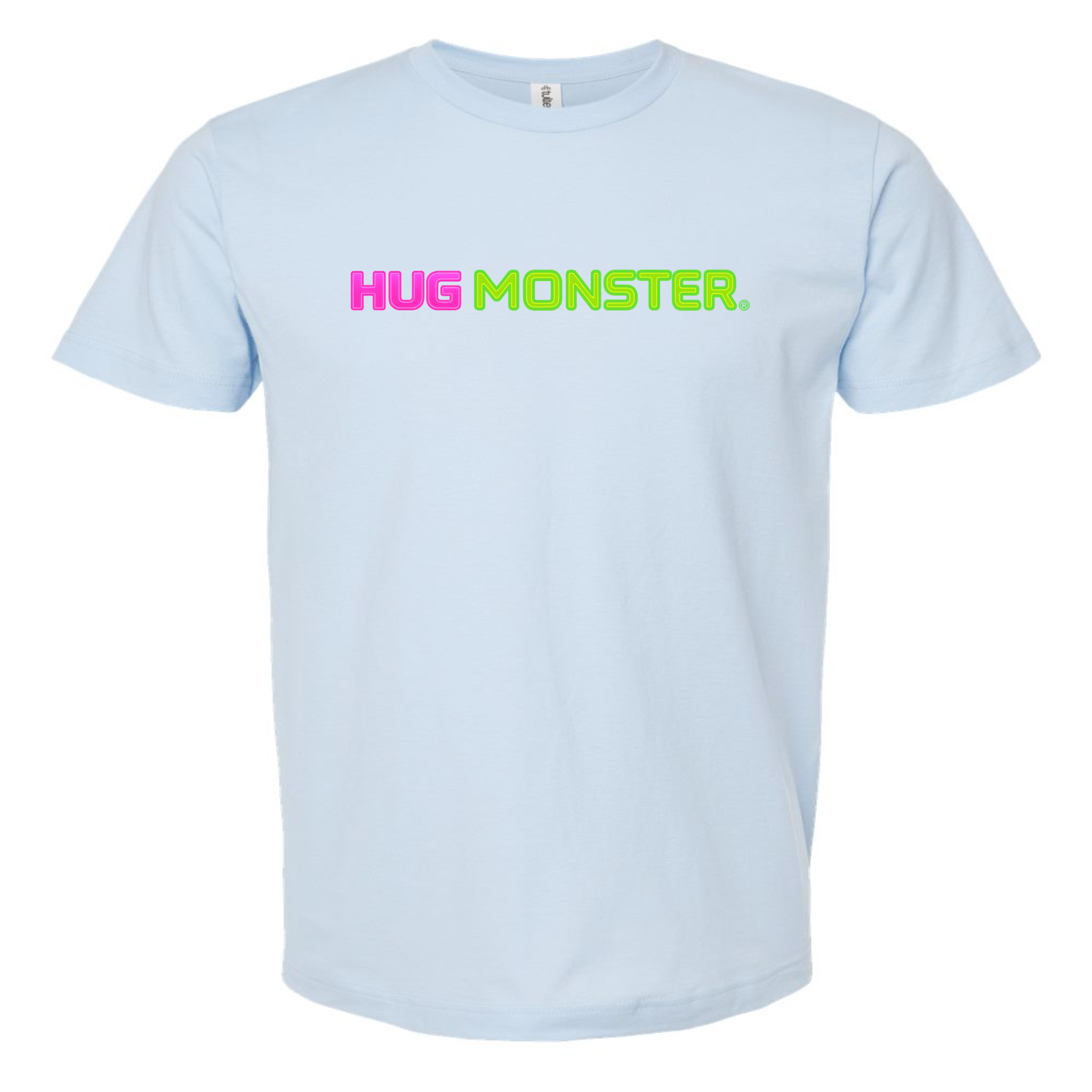 Hug Monster Neon Straight T-Shirt - Positive Message Graphic Tee in Baby Blue – Front View