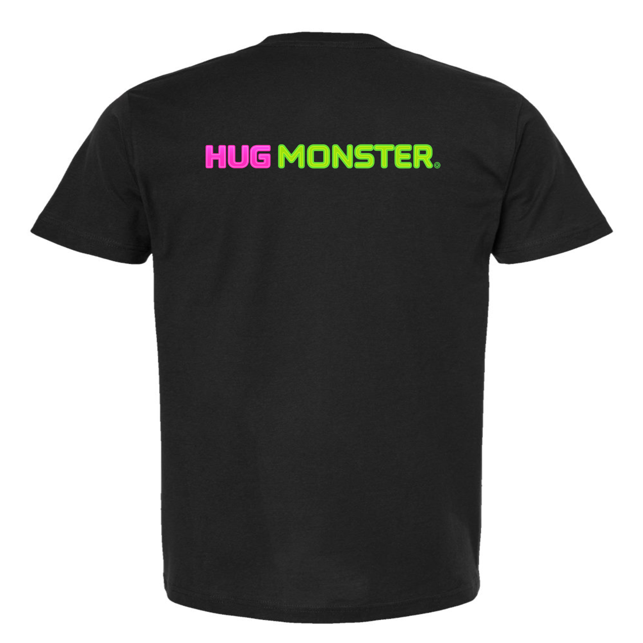 Hug Monster Neon Straight T-Shirt - Positive Message Graphic Tee in Black – Back View