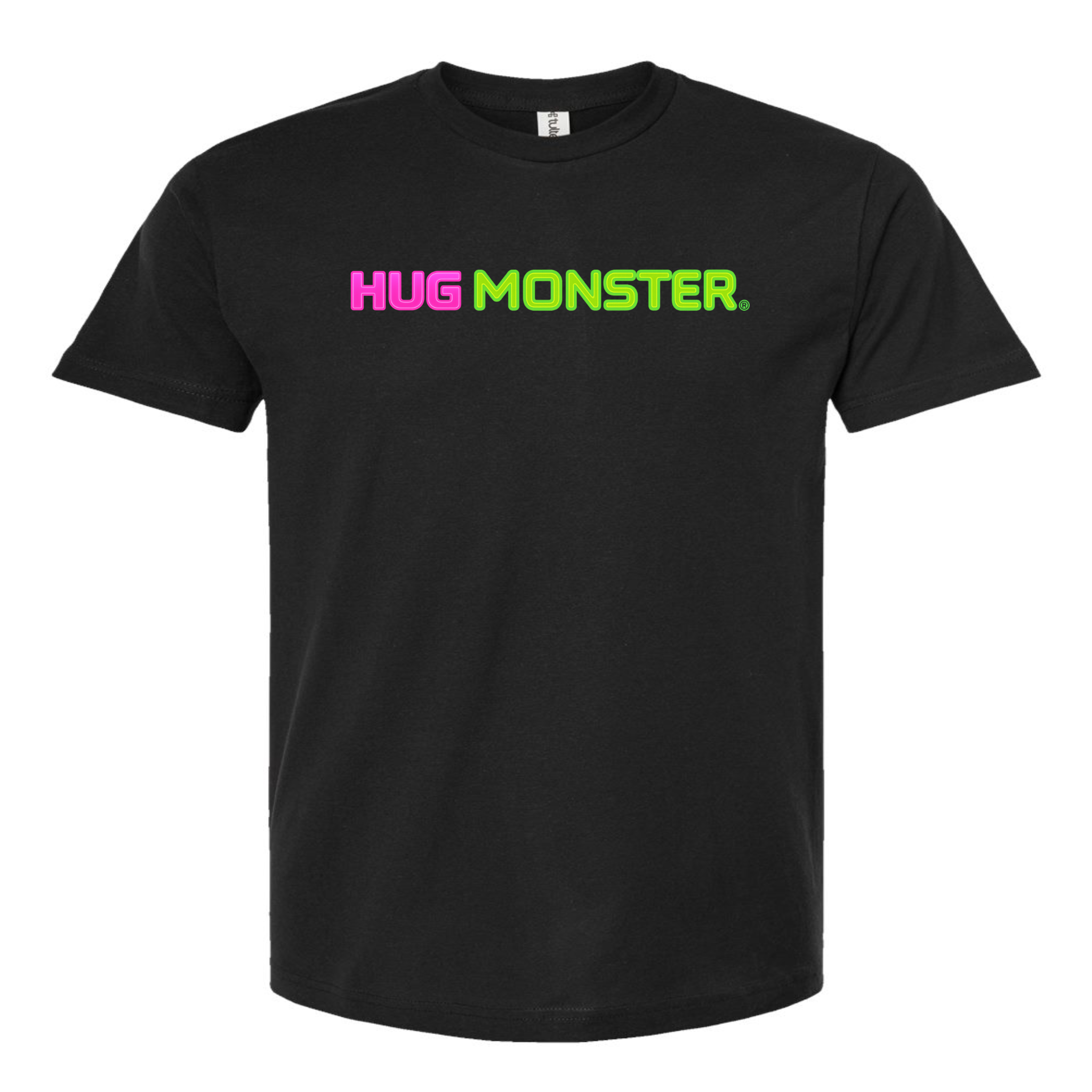 Hug Monster Neon Straight T-Shirt - Positive Message Graphic Tee in Black – Front View