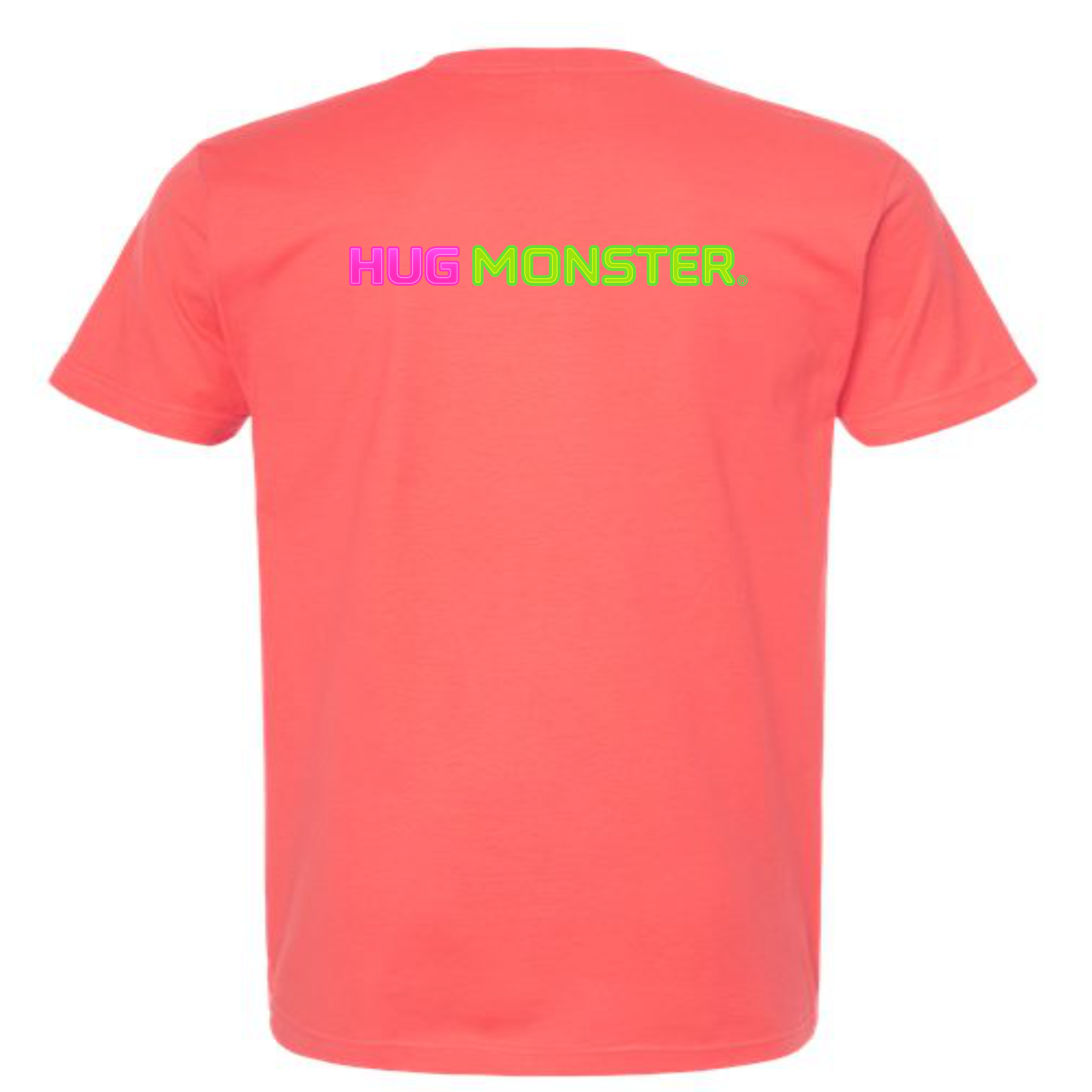 Hug Monster Neon Straight T-Shirt - Positive Message Graphic Tee in Bright Coral – Back View