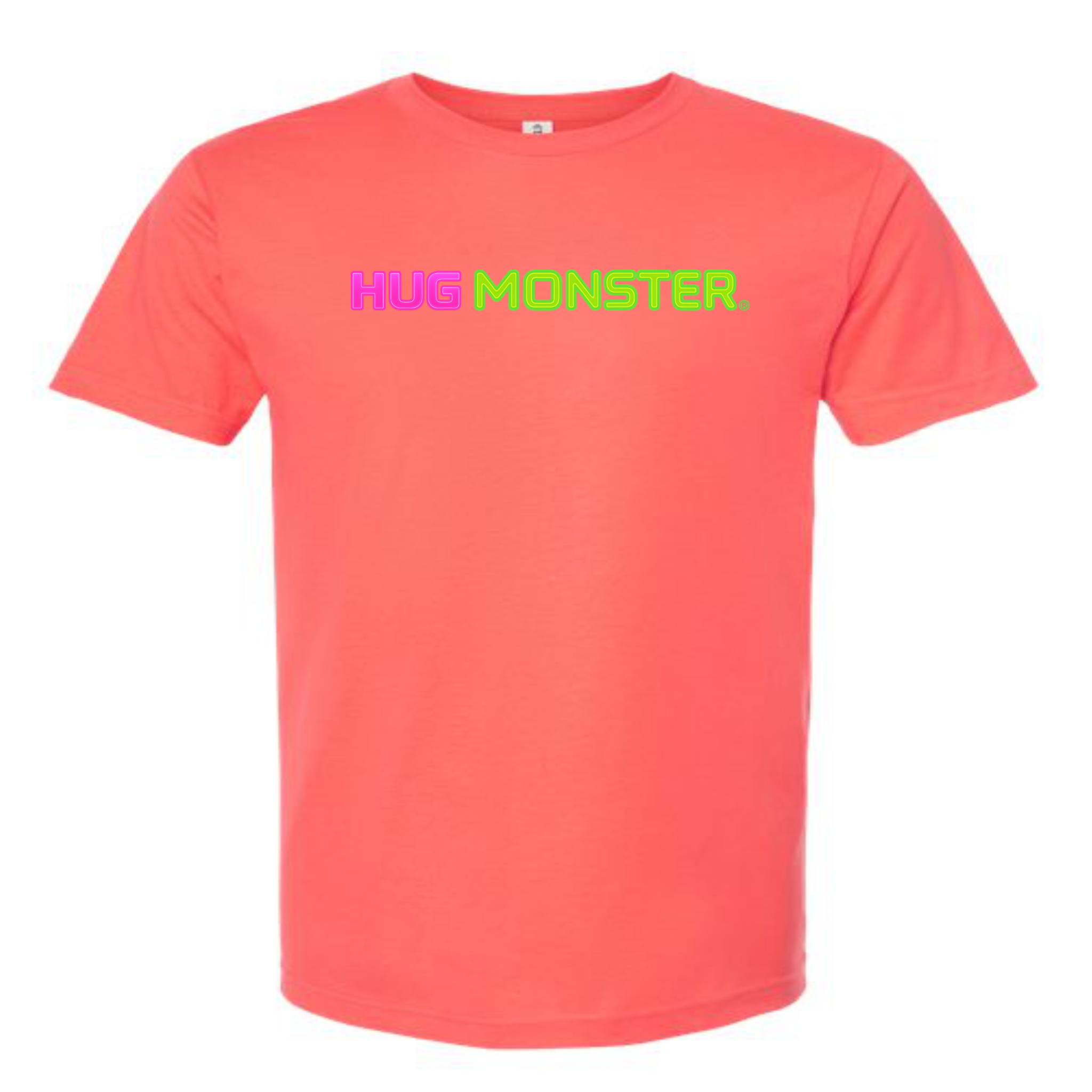 Hug Monster Neon Straight T-Shirt - Positive Message Graphic Tee in Bright Coral – Front View