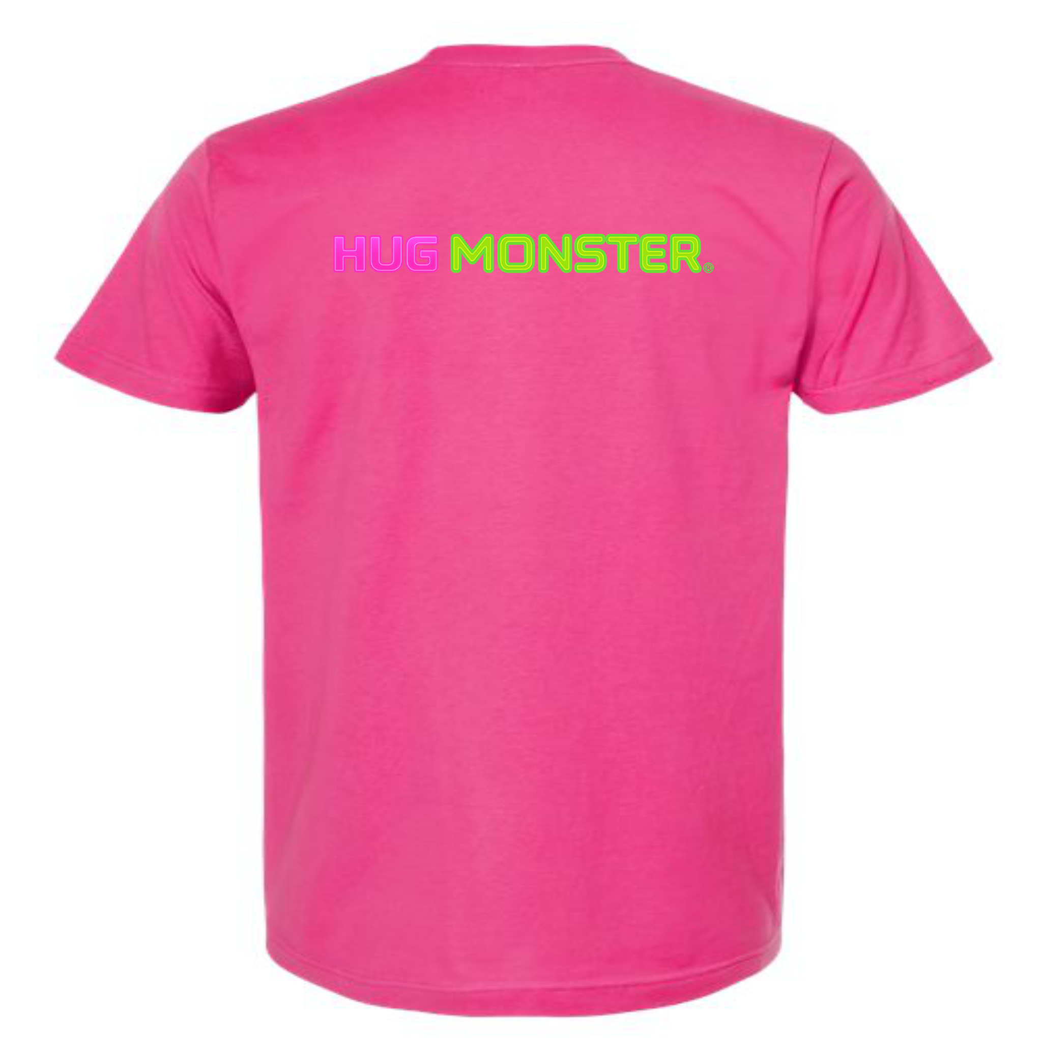 Hug Monster Neon Straight T-Shirt - Positive Message Graphic Tee in Bright Fuscia – Back View