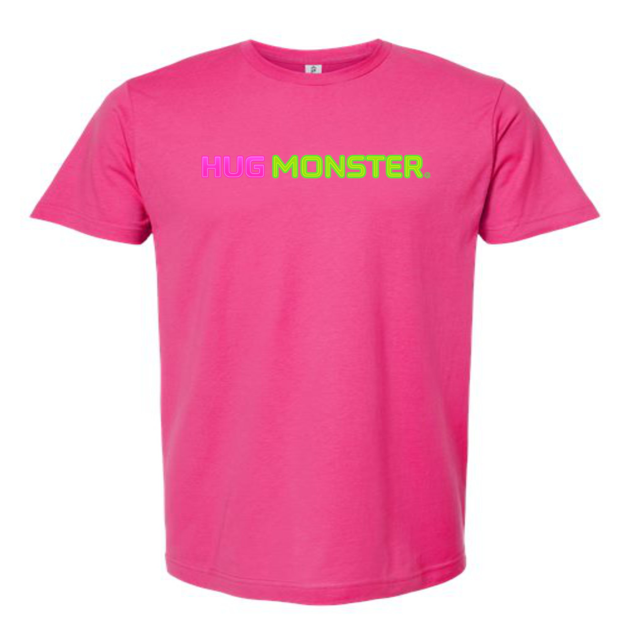 Hug Monster Neon Straight T-Shirt - Positive Message Graphic Tee in Bright Fuscia – Front View