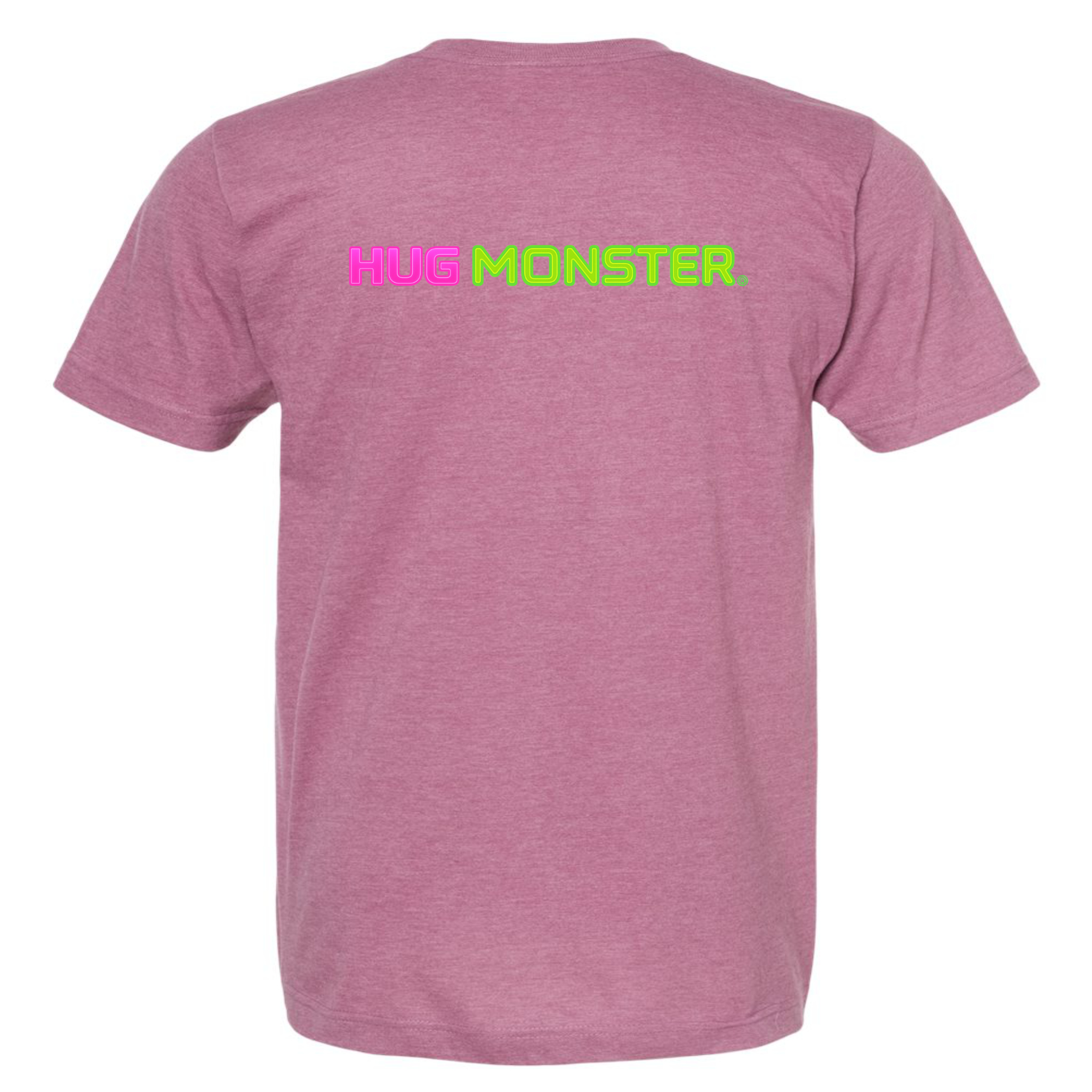 Hug Monster Neon Straight T-Shirt - Positive Message Graphic Tee in Heather Dusty Rose Pink – Back View