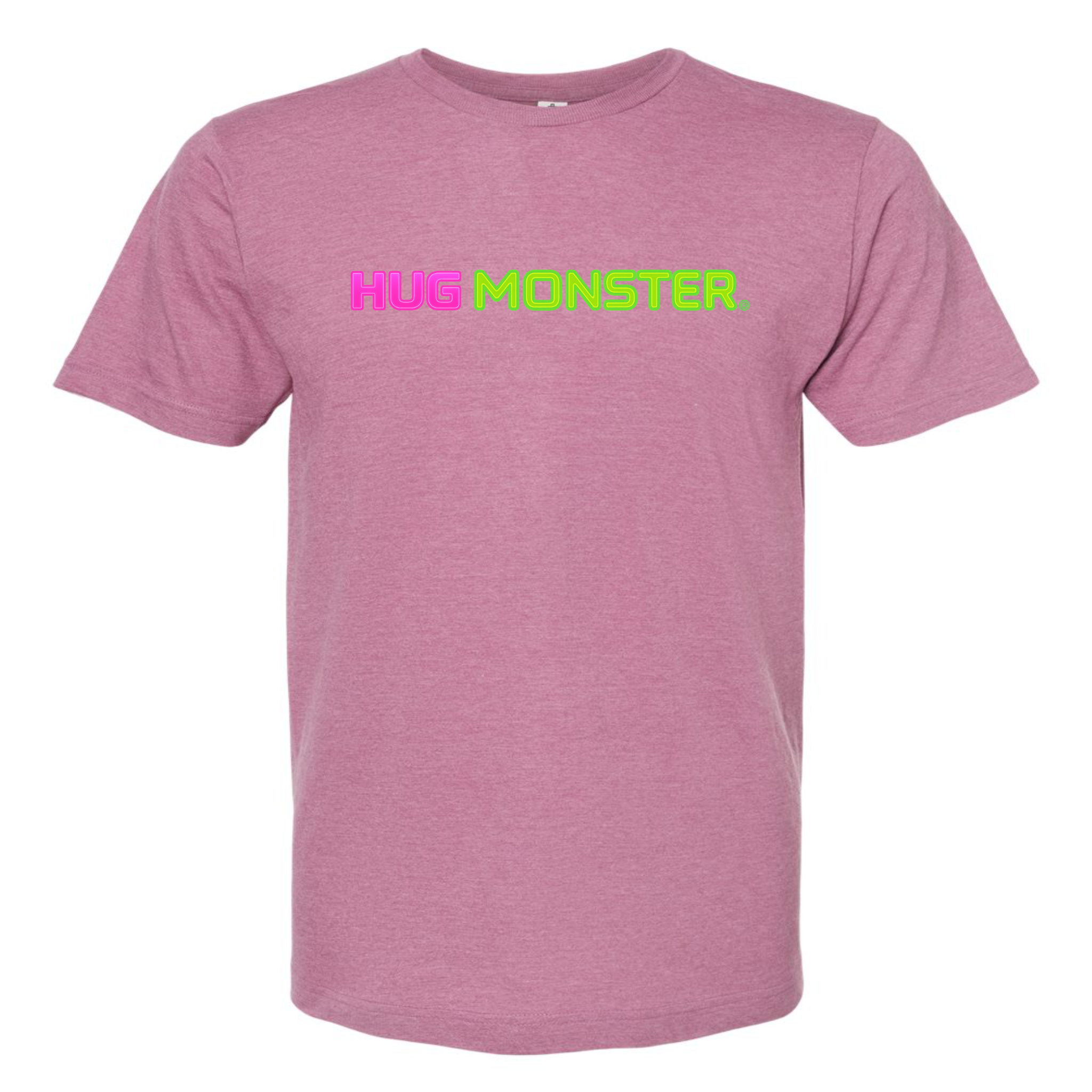 Hug Monster Neon Straight T-Shirt - Positive Message Graphic Tee in Heather Dusty Rose Pink – Front View
